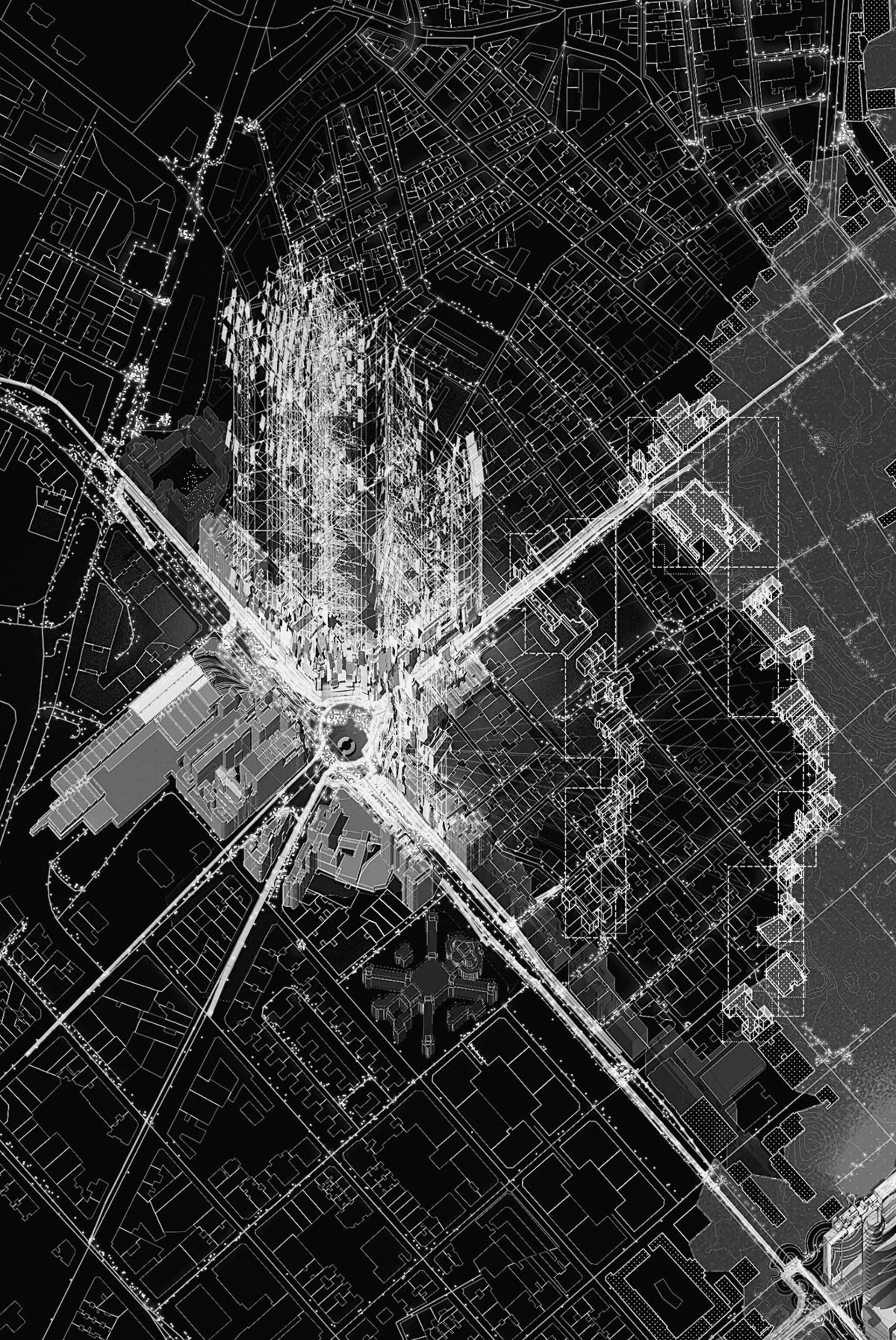 an abstract photo of a curved building with a blue sky in the background