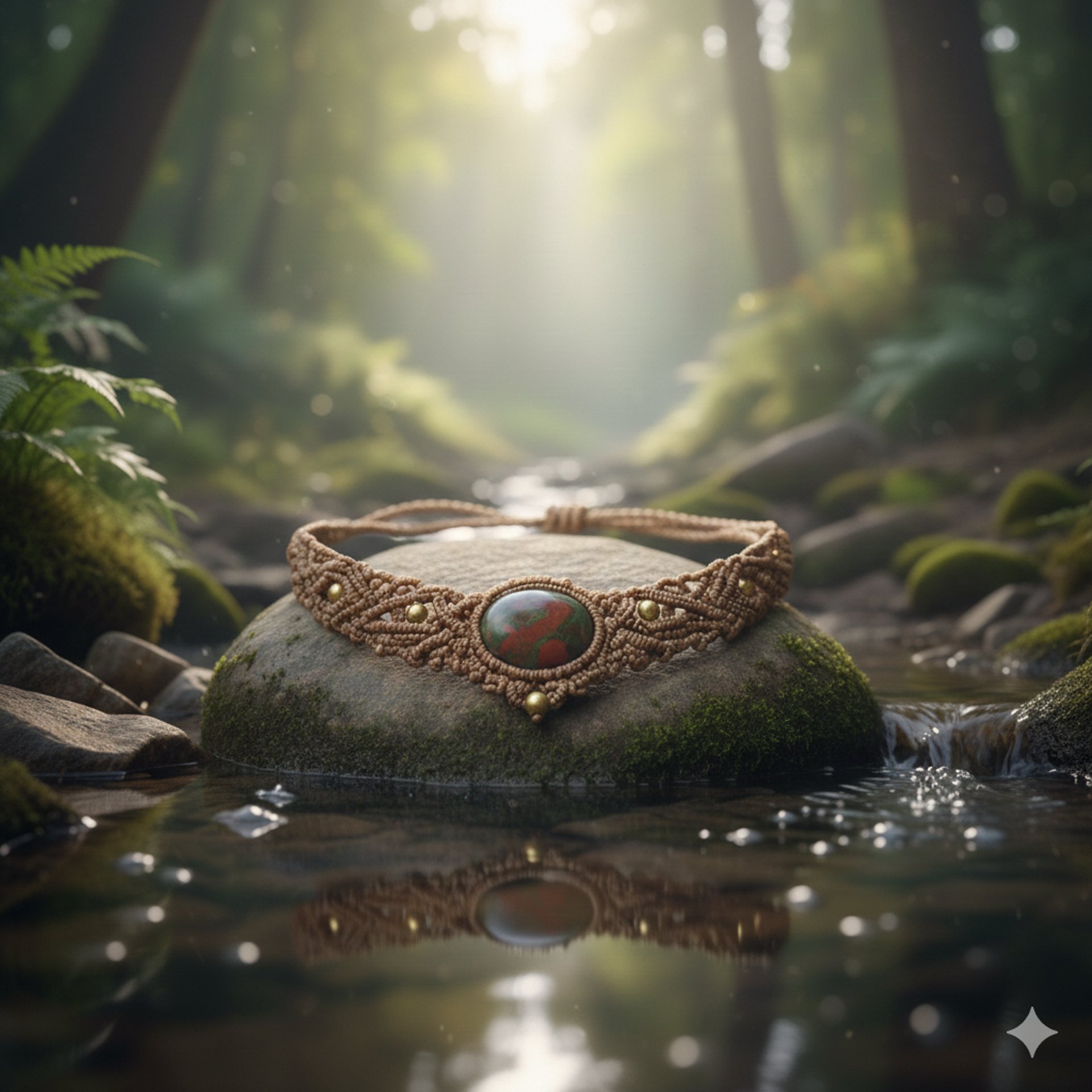 Collar de macramé con piedra natural descansando sobre una piedra en un entorno natural con agua y bosque.