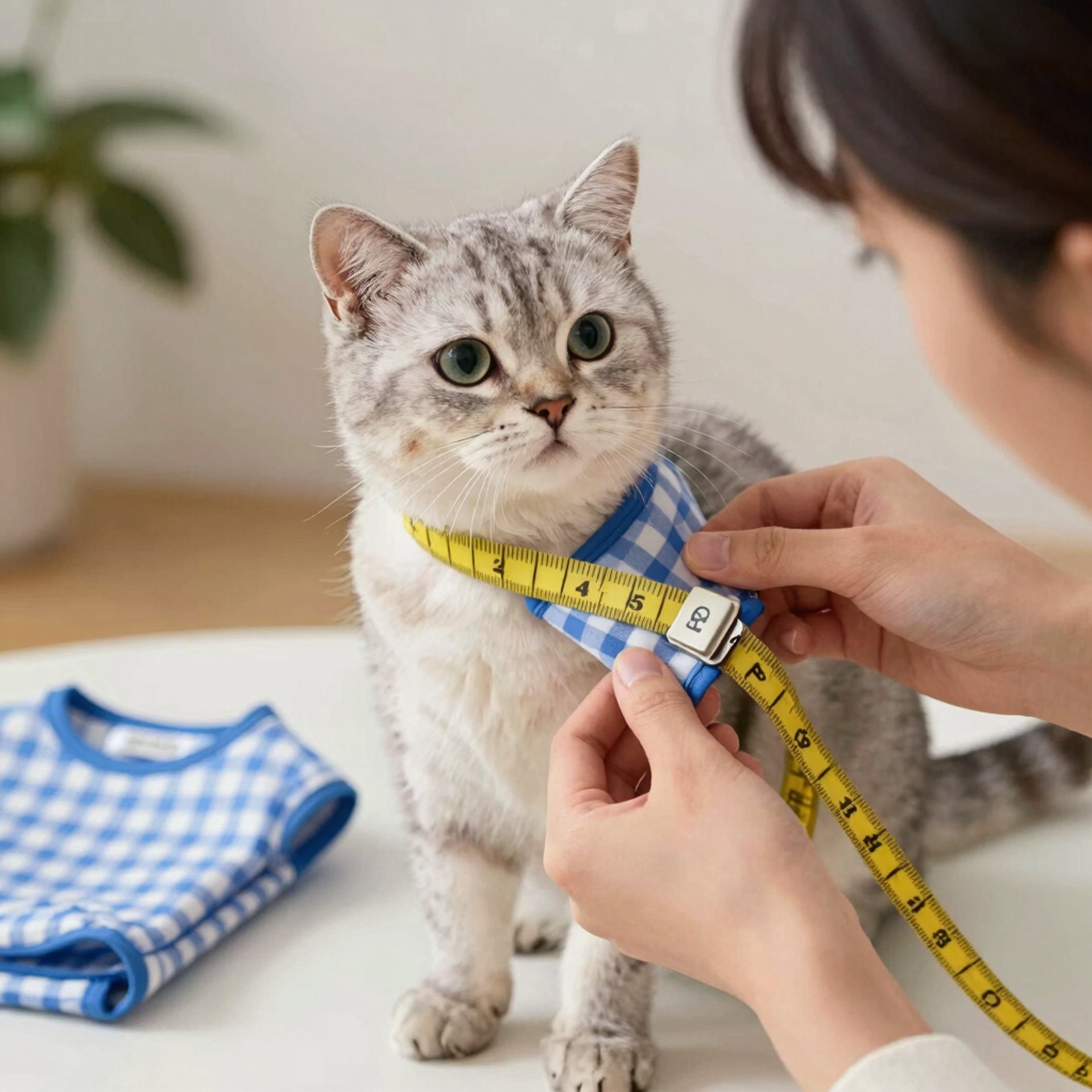 foto de una persona tomando medidas a un gatito para confeccionarle ropa