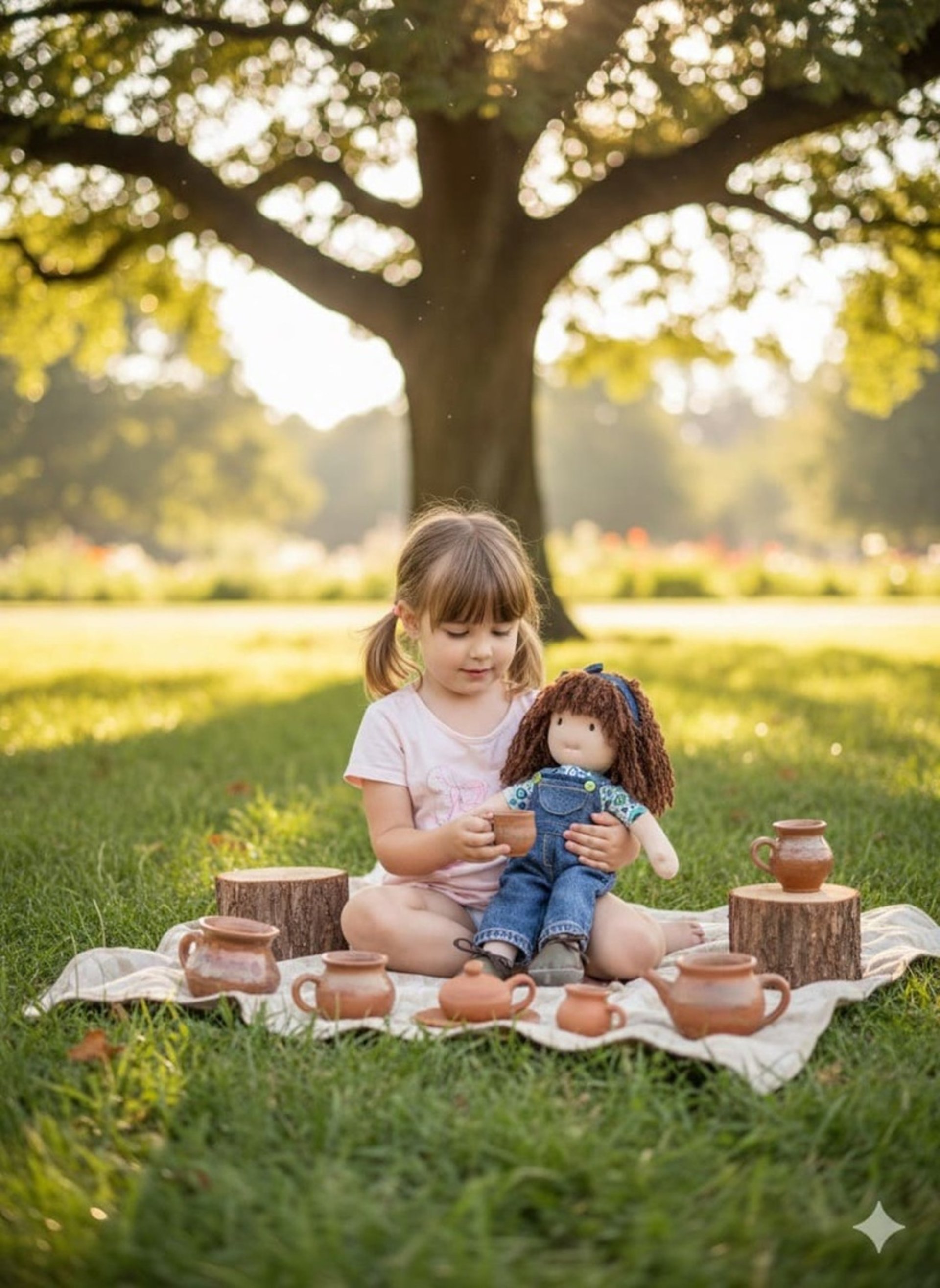 Niña jugando bajo la sombra de un arbol con su muñeca Waldorf y un juego de té sobre una manta