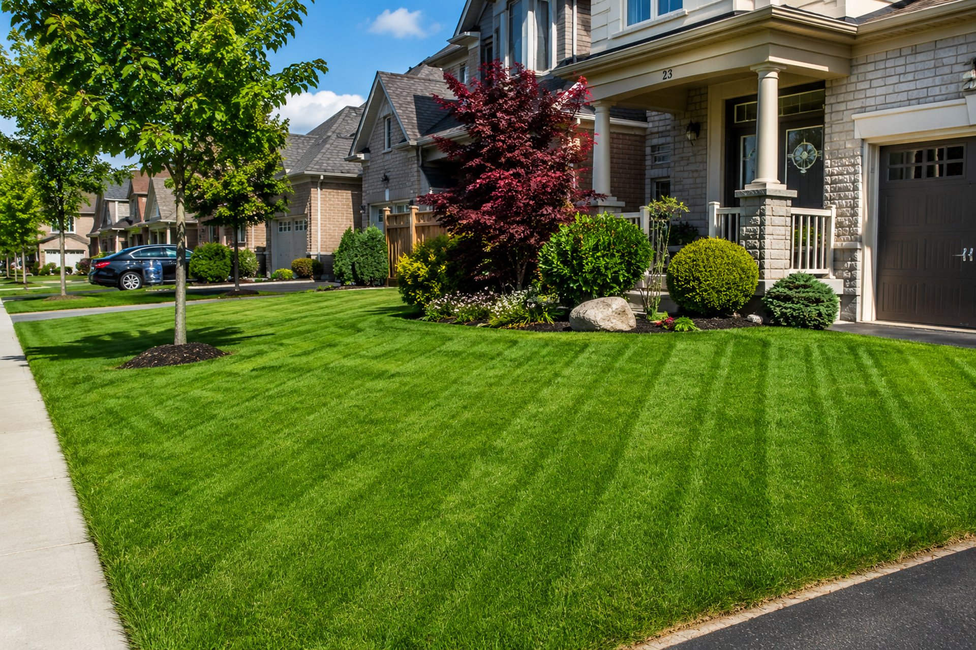 a long green lawn with hedges and a building in the background