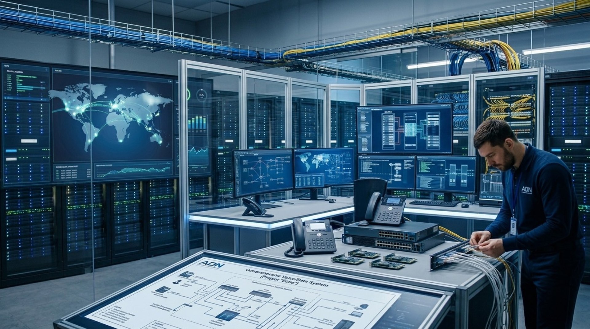 image of two ADN network engineers managing and installing comprehensive voice and data systems in a modern, blue-lit server