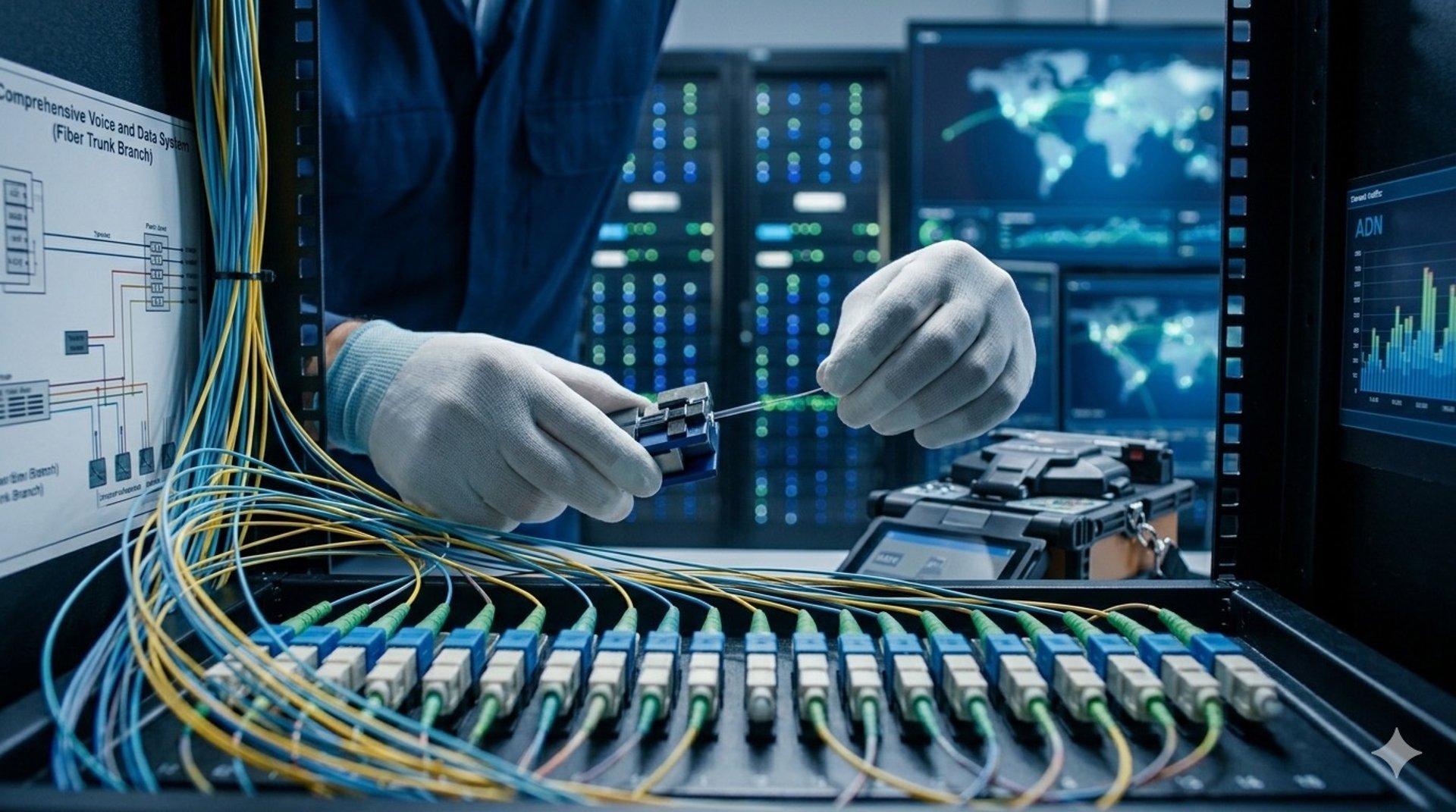 connect a fiber optic strand in a server room, with an organized patch panel of yellow and blue fiber cables