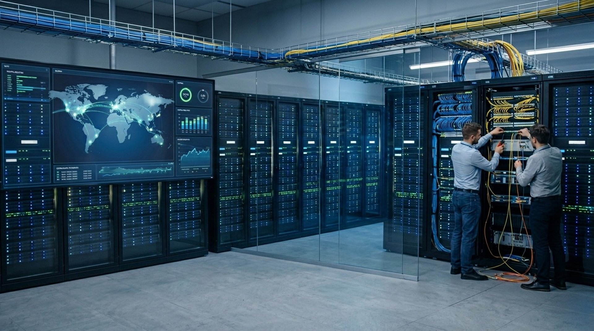 Two network technicians working in a data center with server racks and monitoring screens.
