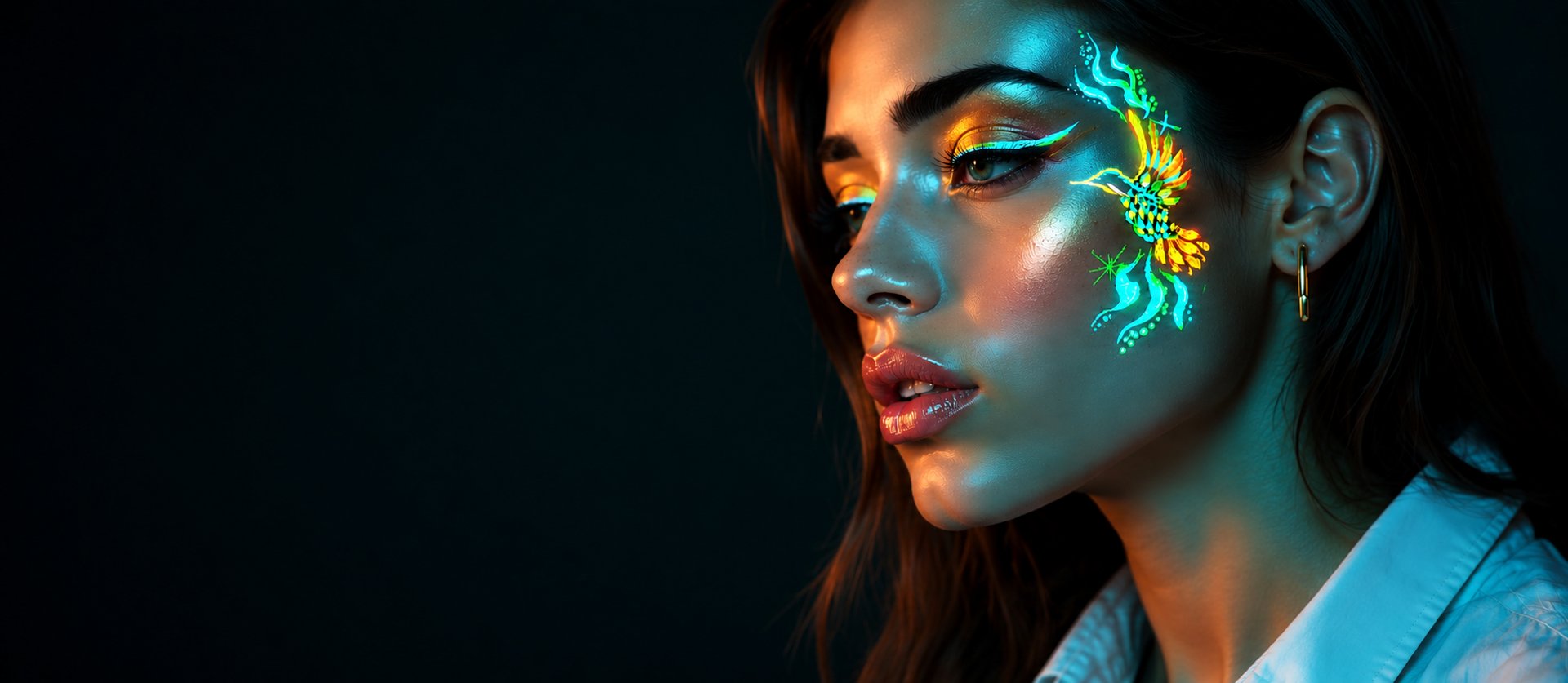 Mujer con face painting neón UV de colibrí para fiestas, festivales, eventos corporativos y bodas en Jacksonville.