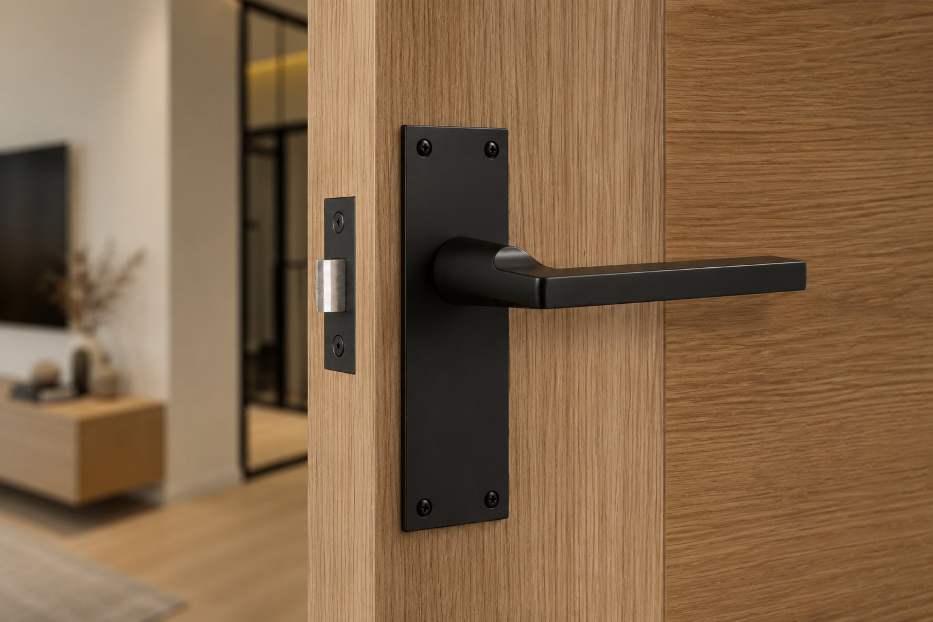 silver door lever on gray door