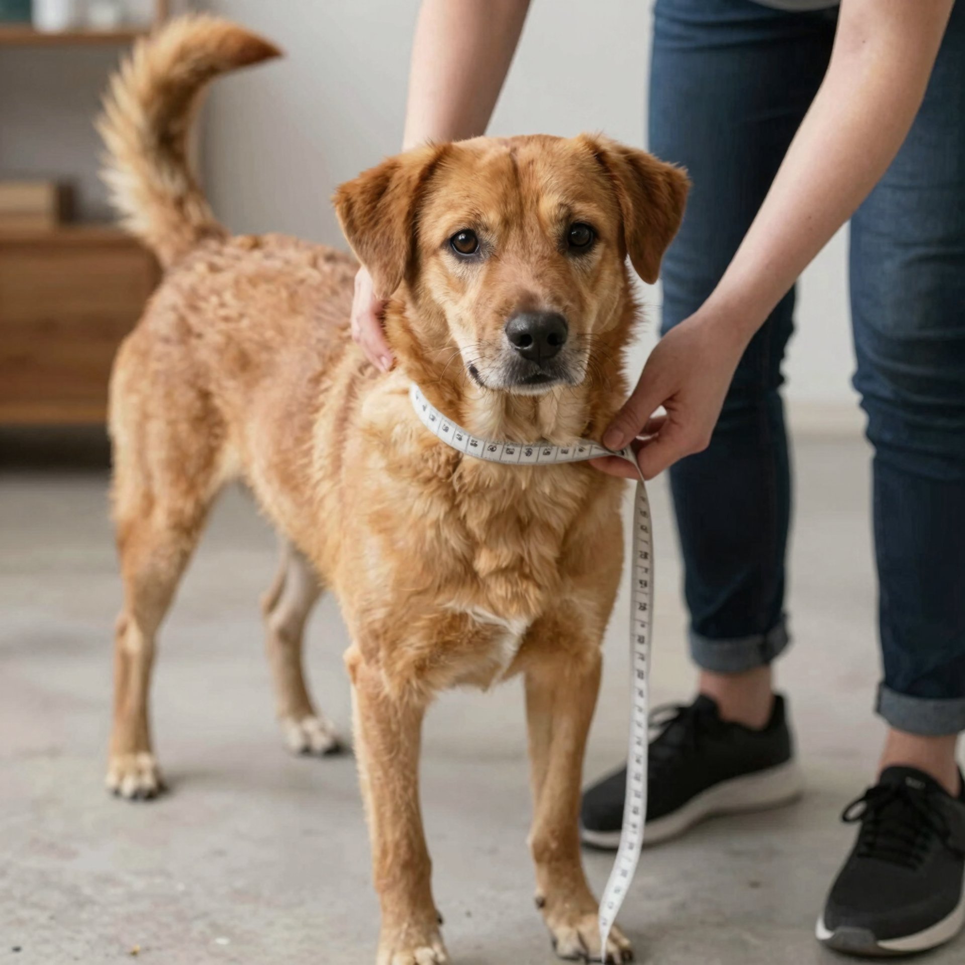 Persona con cinta metrica tomandole medidas a un perrito caramelo