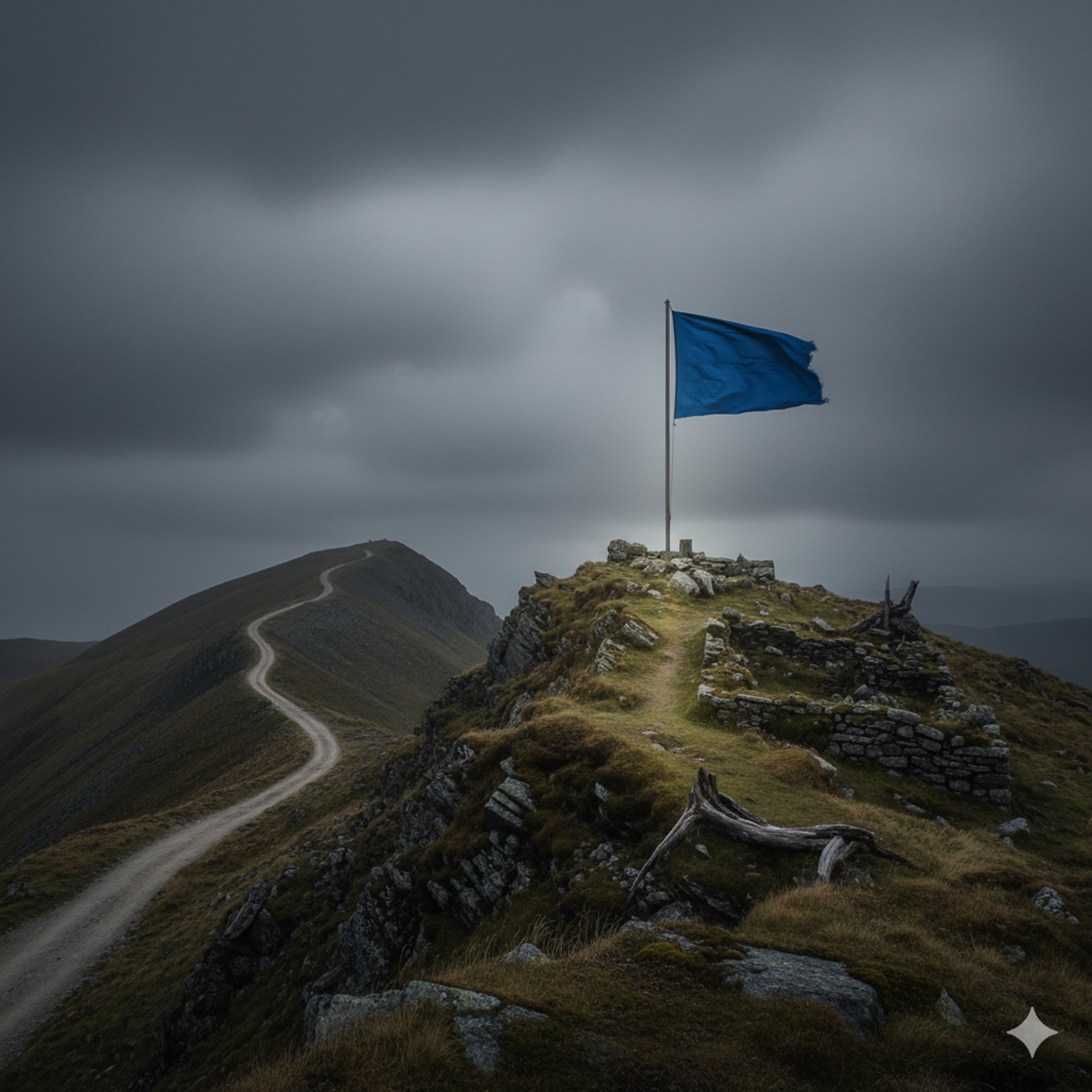 A solitary but triumphant blue flag waving atop a hill on a dark, overcast day
