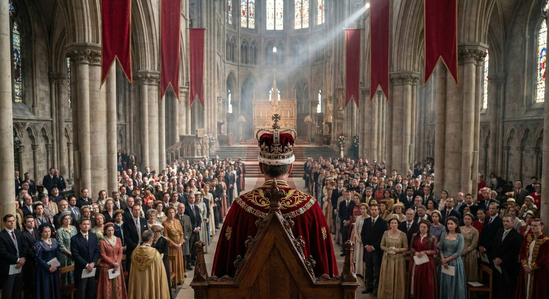 Close-up of a powerful king being crowned in front of a crowd inside a church in a formal and solemn atmosphere