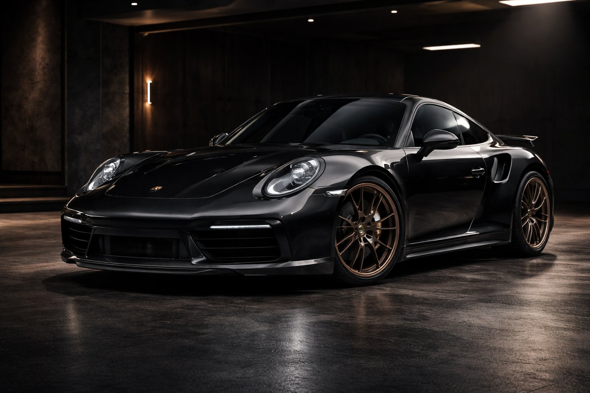 a black and white photo of a car on a stage