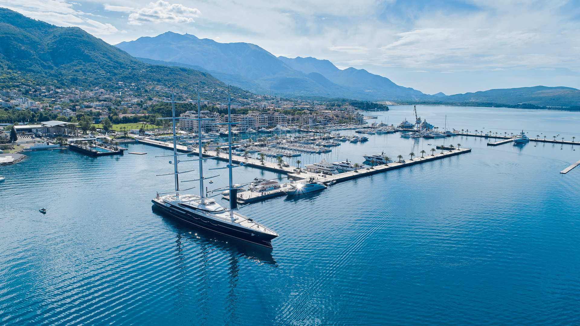 Aerial view of Porto Montenegro marina and the Bay of Kotor, Montenegro