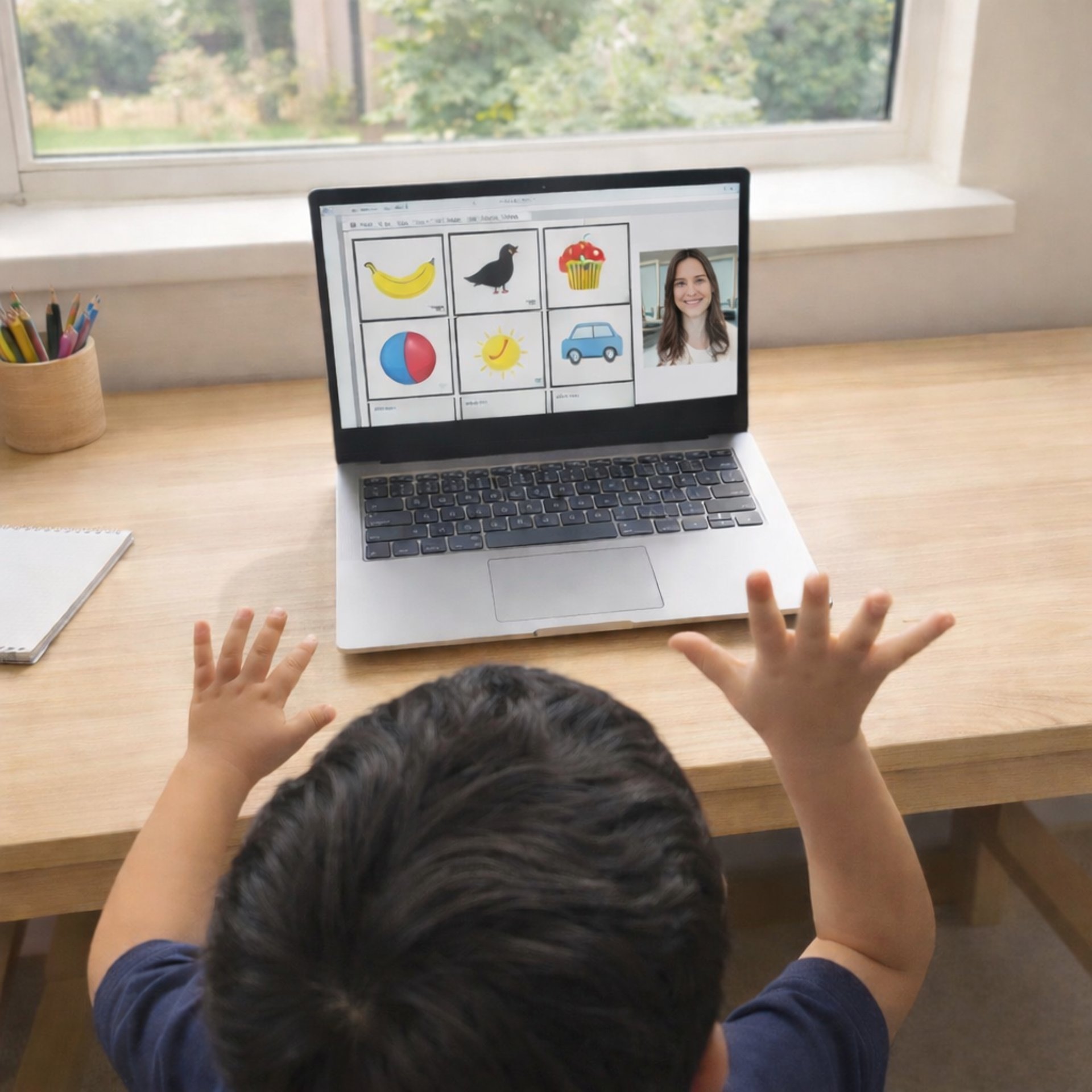 Grandfather and grandson using laptop together at home.