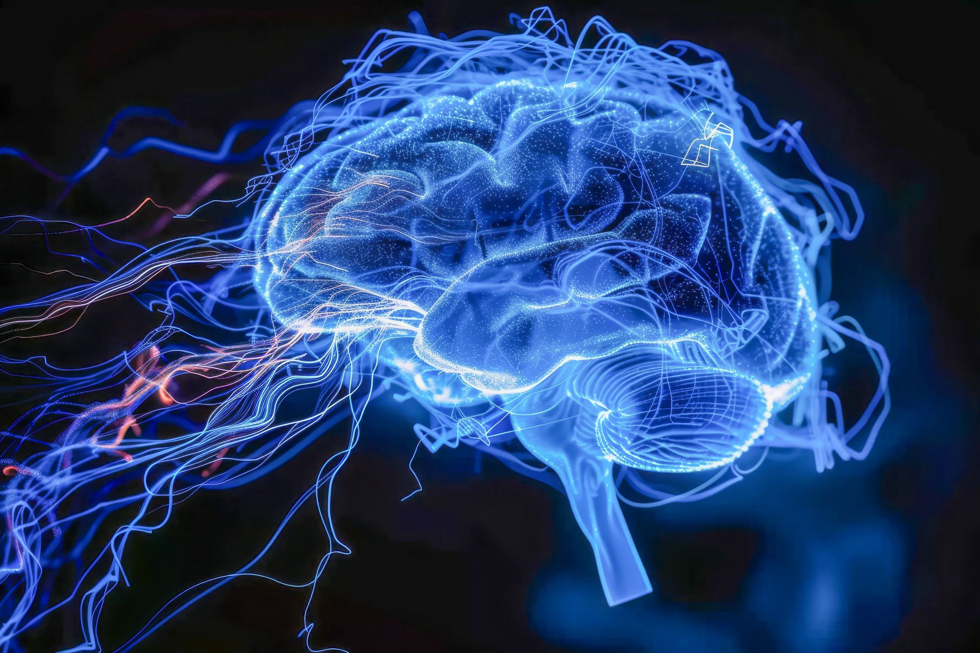 A human brain rendered in glowing blue neon lines and light particles against a dark background.