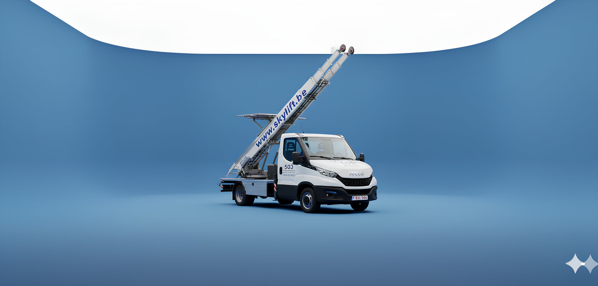 Camion IVECO équipé d'un grand monte-meuble extérieur déployé pour service de location lift express à Bruxelles.