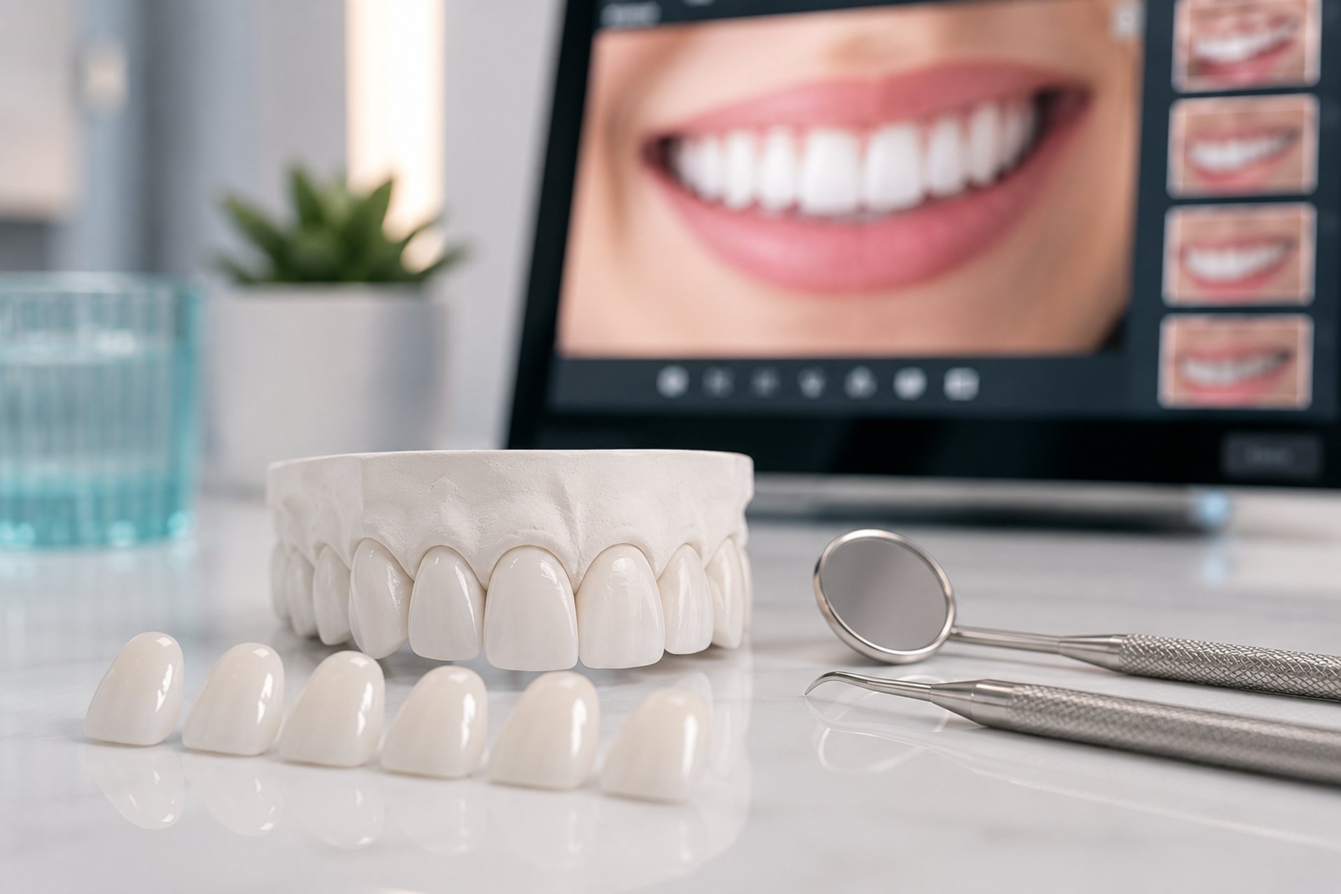Modelo dental con carillas de porcelana y muestras de color durante la planificación de un tratamiento de estética dental.