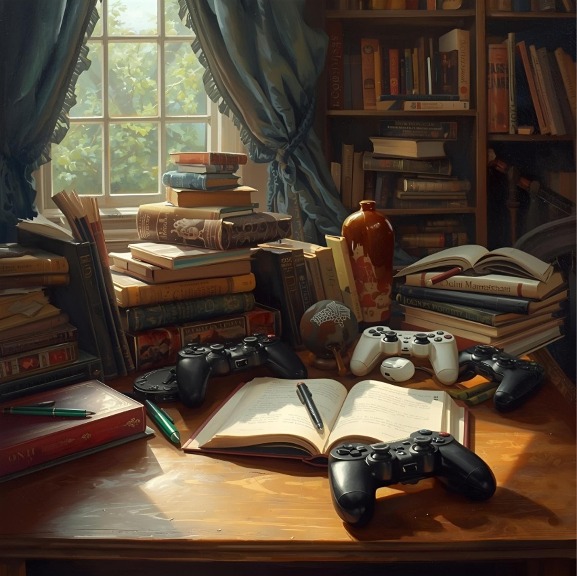 Hero image of LocAsArt – Point & Click Localization, featuring books, game controllers and a narrative-inspired workspace