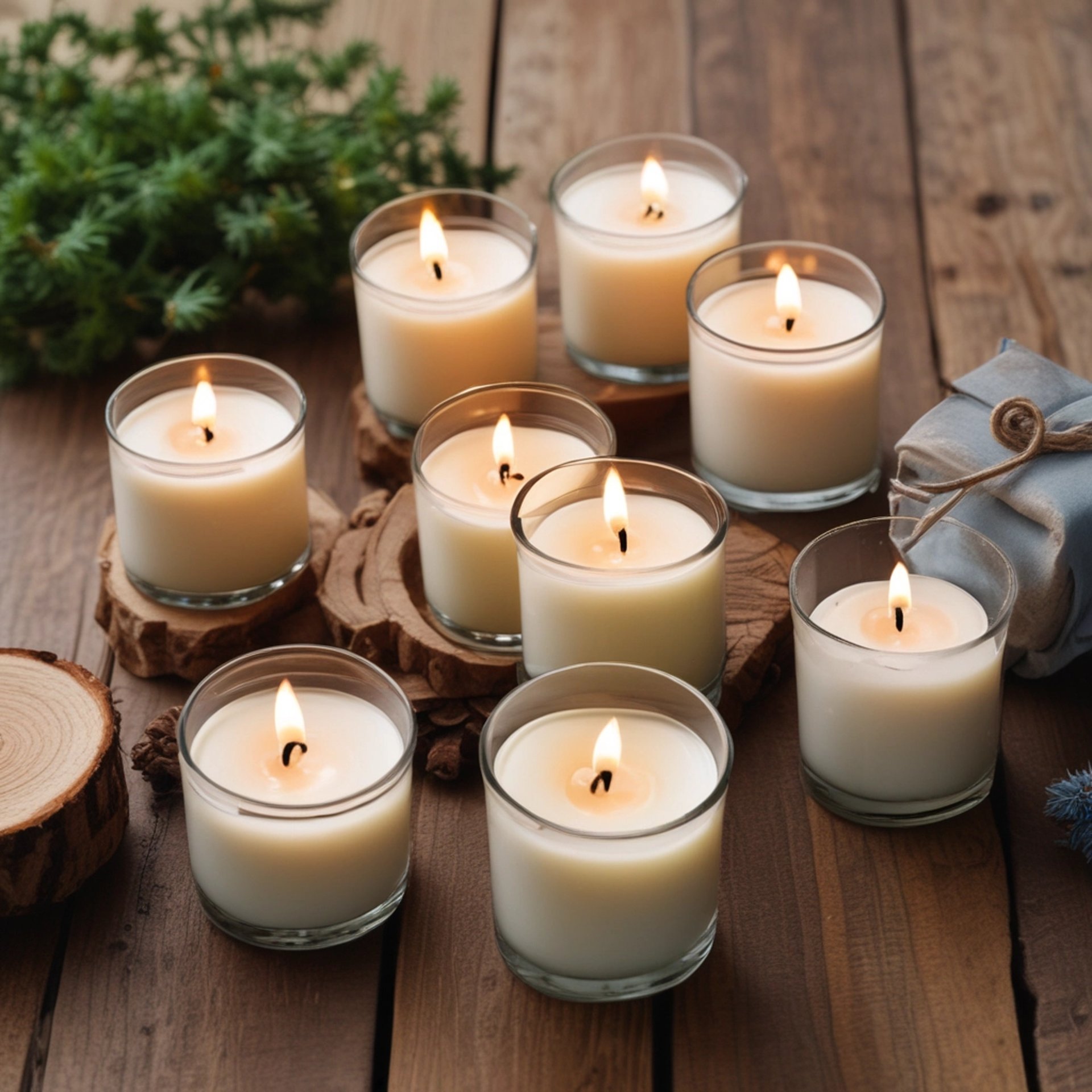 white pillar candles on brown wooden table