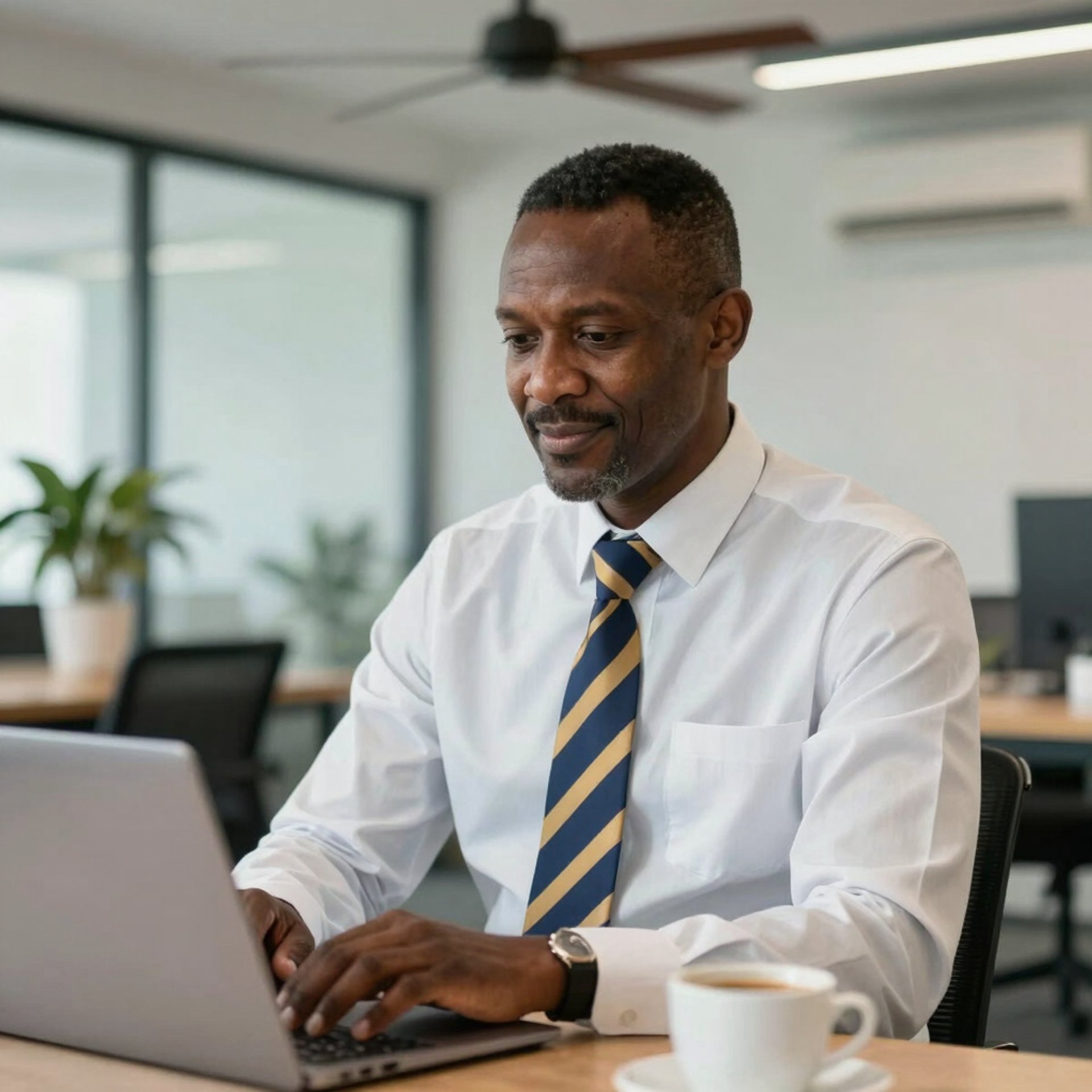 Man in a suit working on a laptop with coffee.