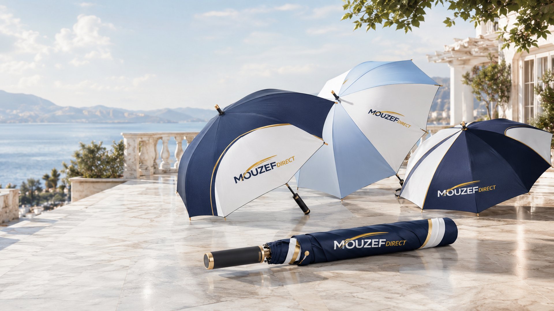 a blue umbrella on a white surface