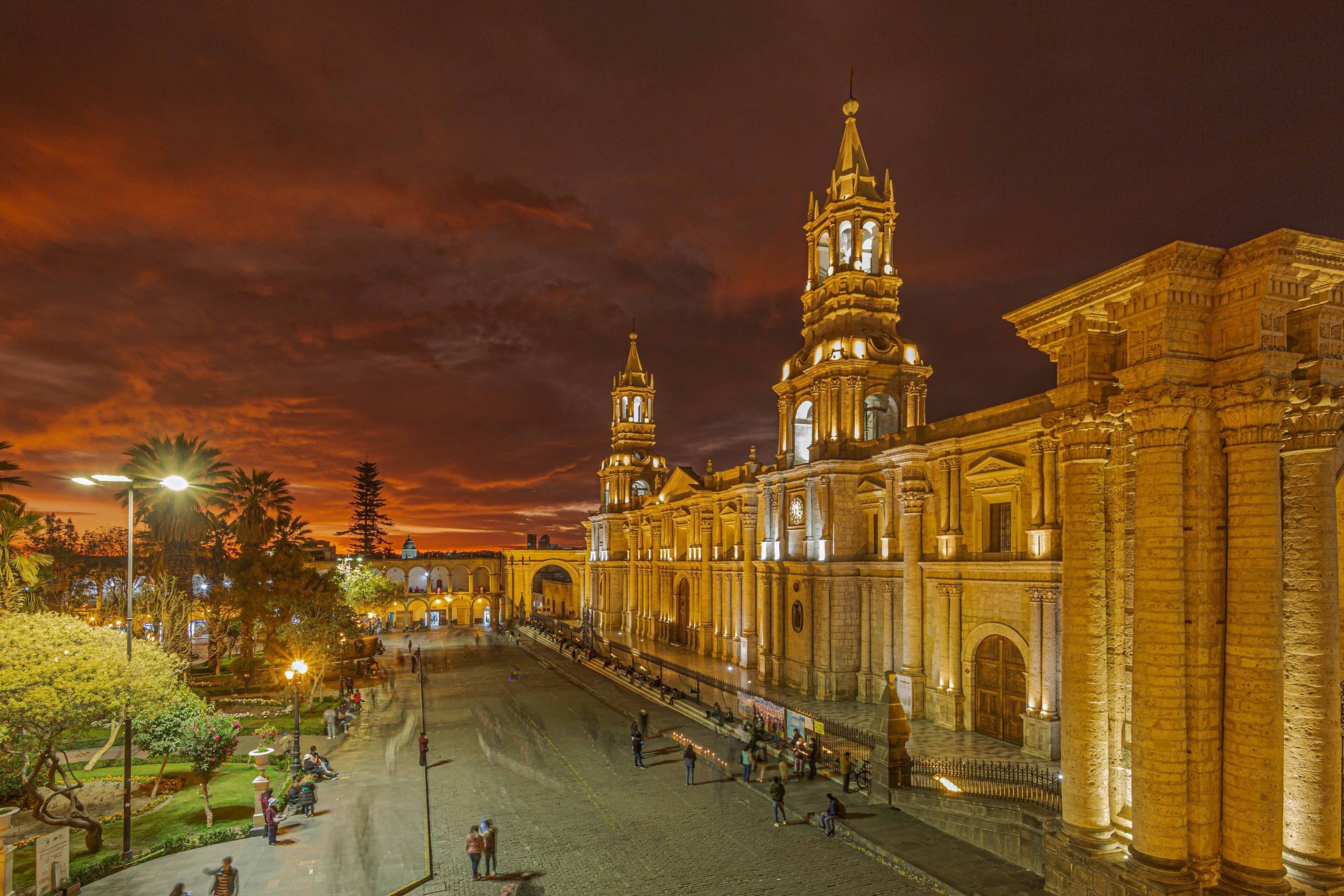 This is a twilight view of the Basilica Cathedral of Arequipa, located in the Plaza de Armas square in Arequipa, Peru.