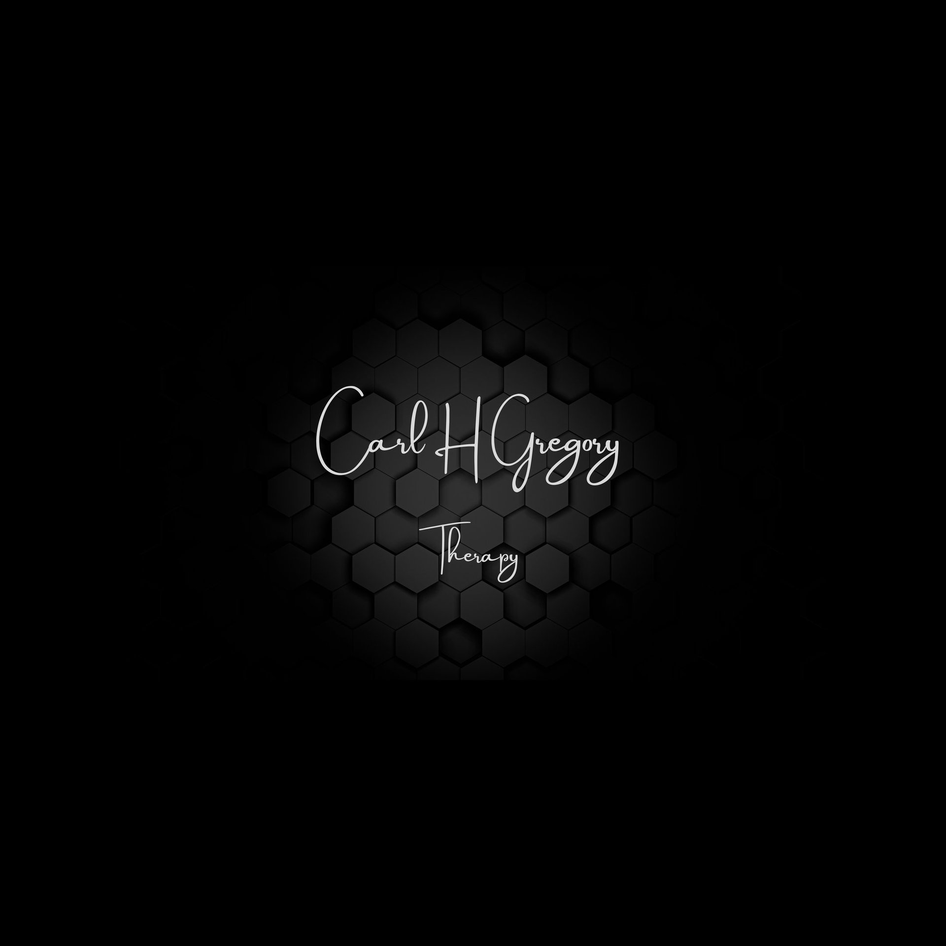 A logo for Carl H Gregory Therapy website.  White cursive letters on the black background.