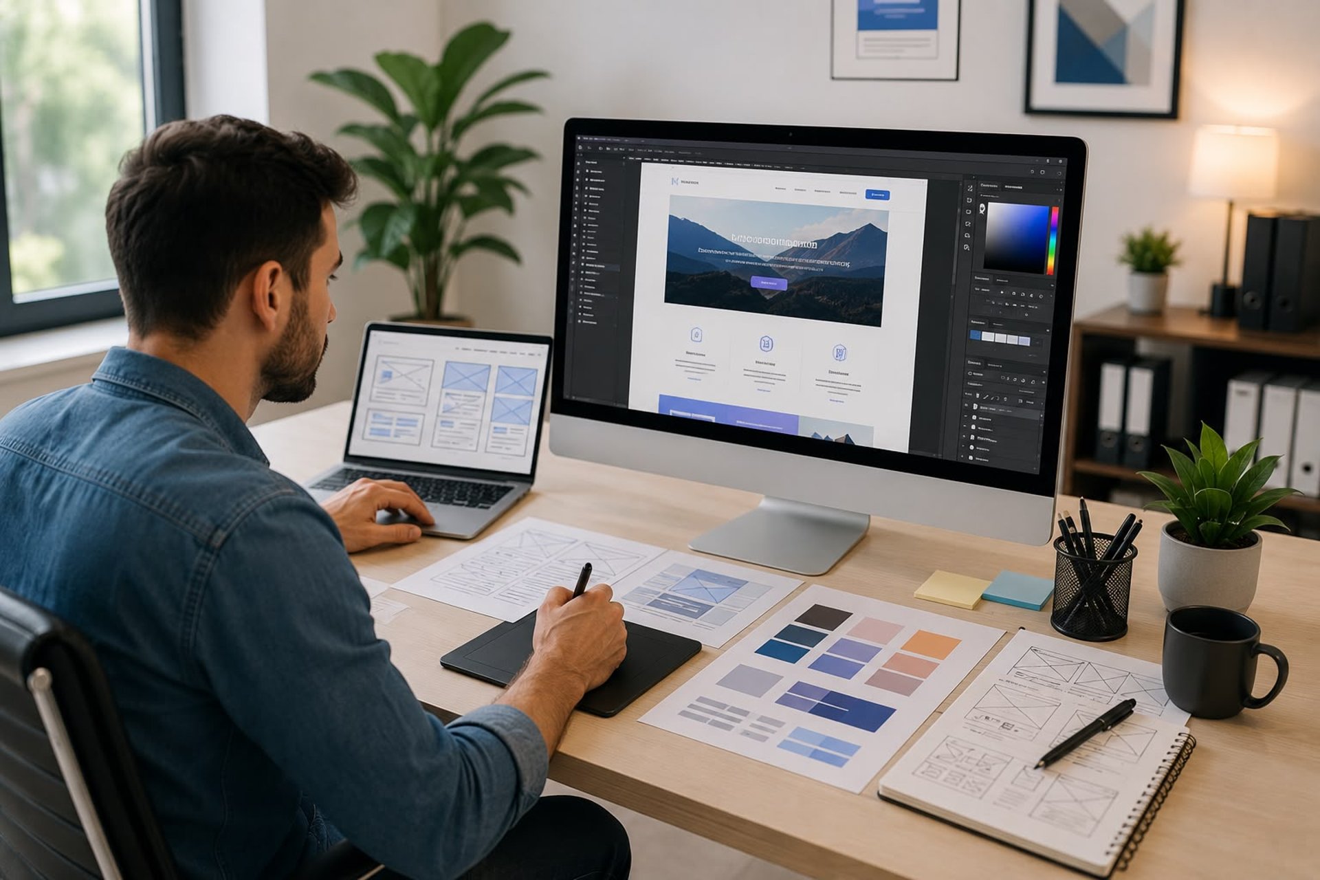 Professional web designer creating a custom responsive website in a modern workspace.