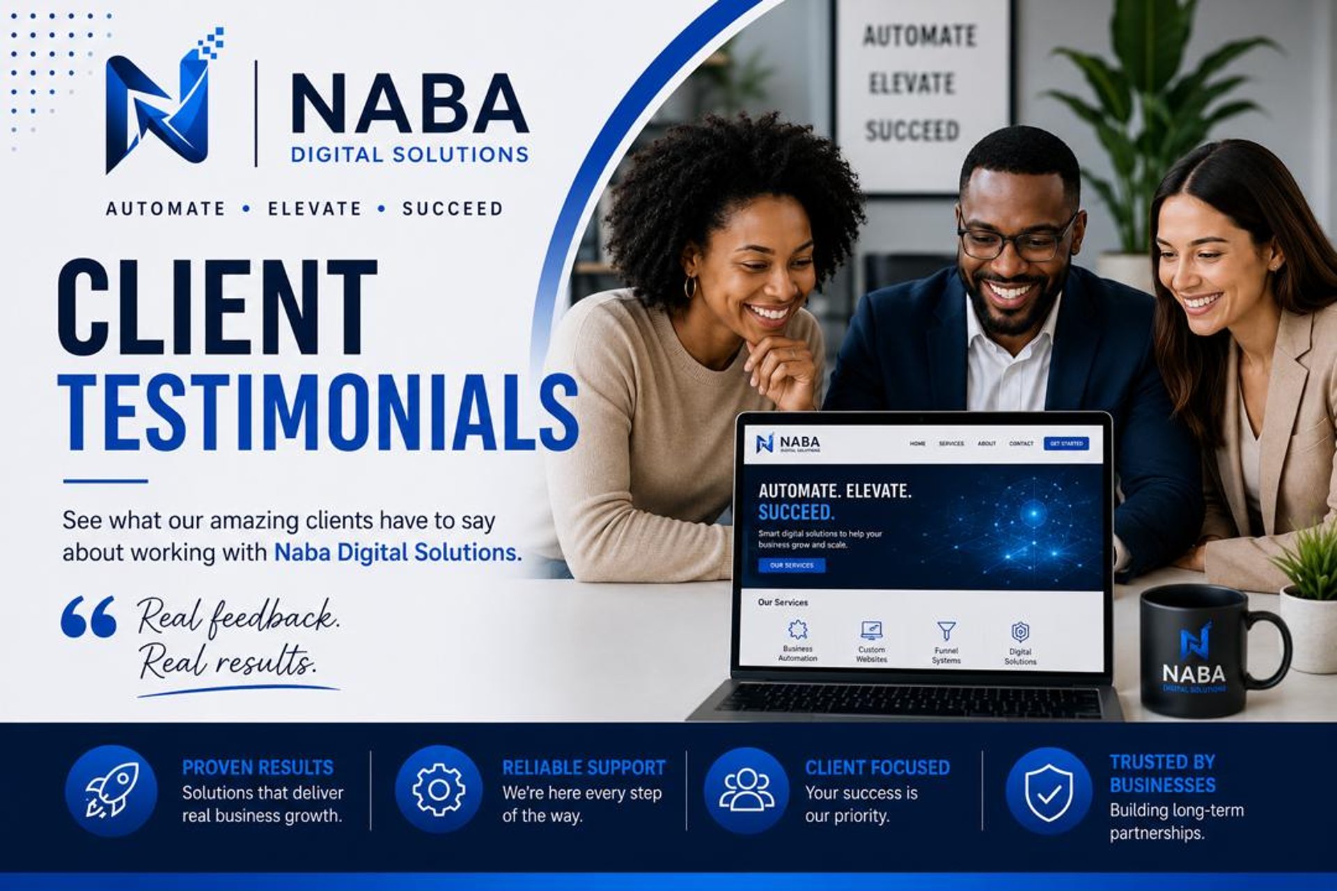 Happy small business owner sharing a positive client testimonial for Naba Digital Solutions
