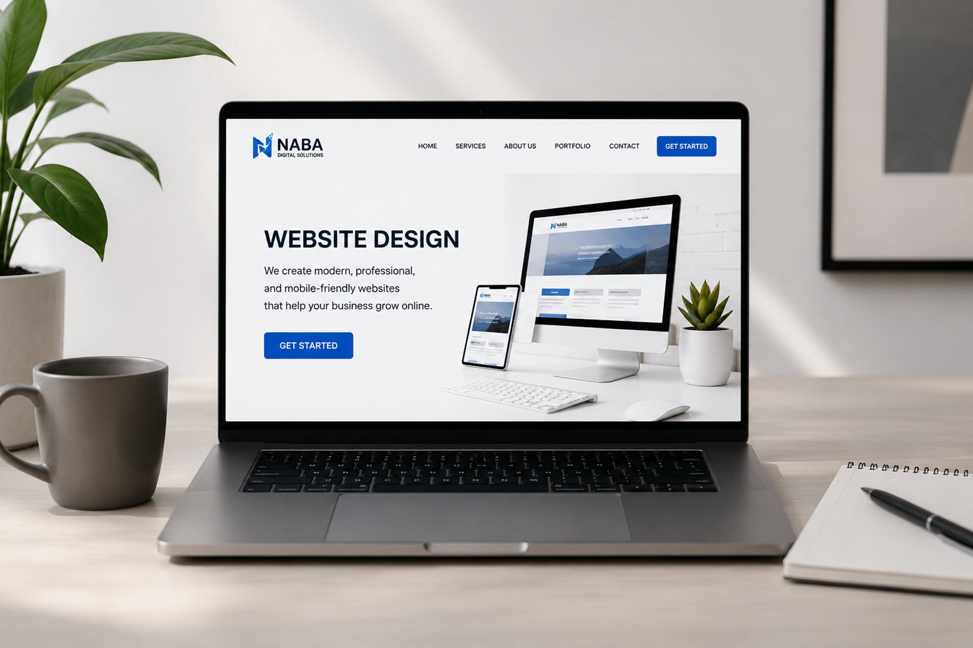 Modern responsive website design displayed on desktop and mobile devices for small business websites.