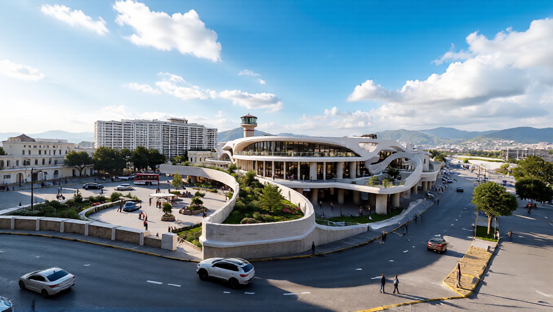 an abstract photo of a curved building with a blue sky in the background