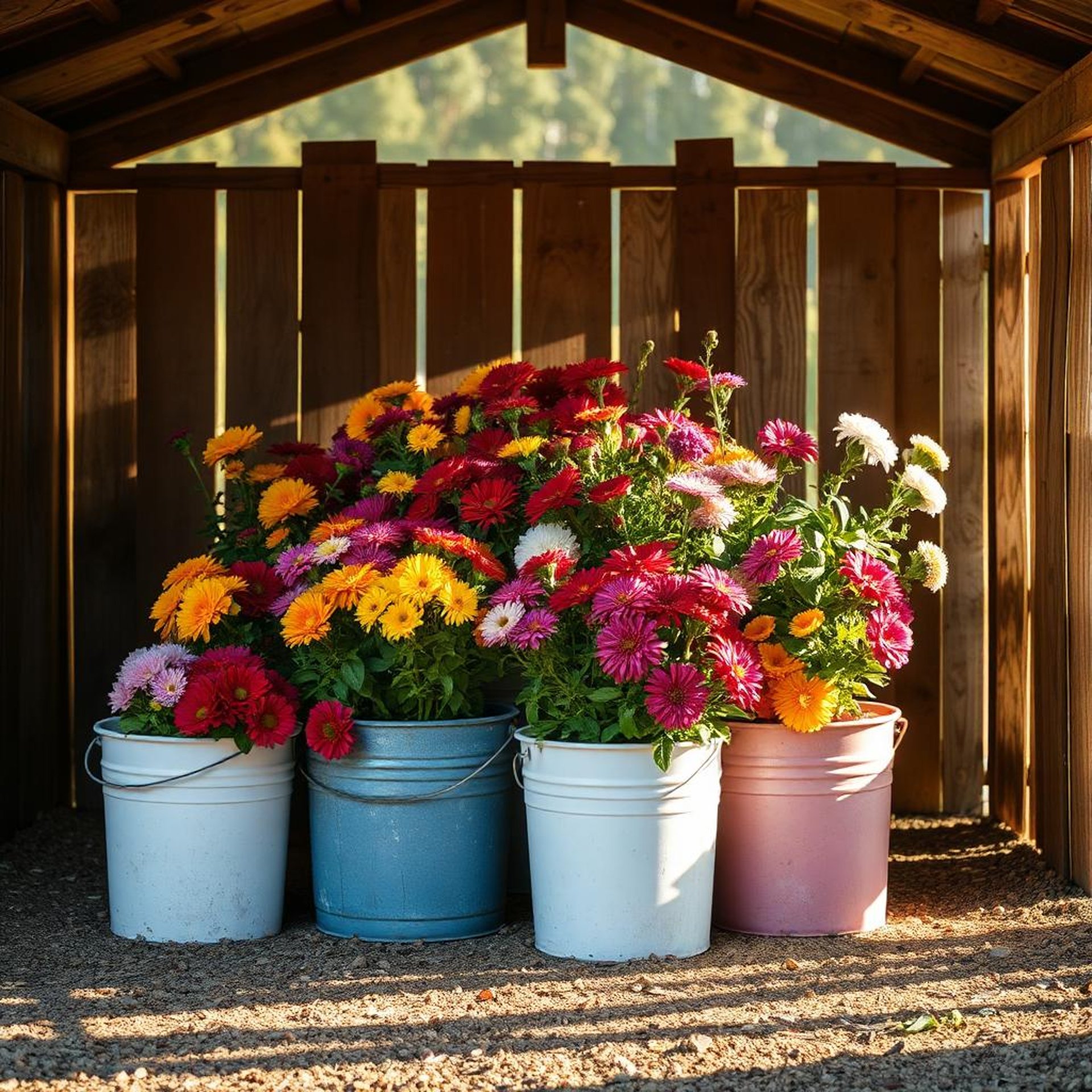 white and pink flowers in blue plastic container