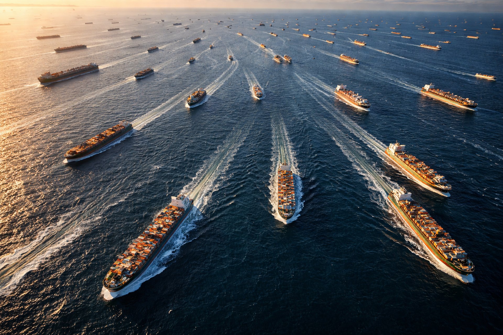 An aerial view of a cargo ship in the ocean