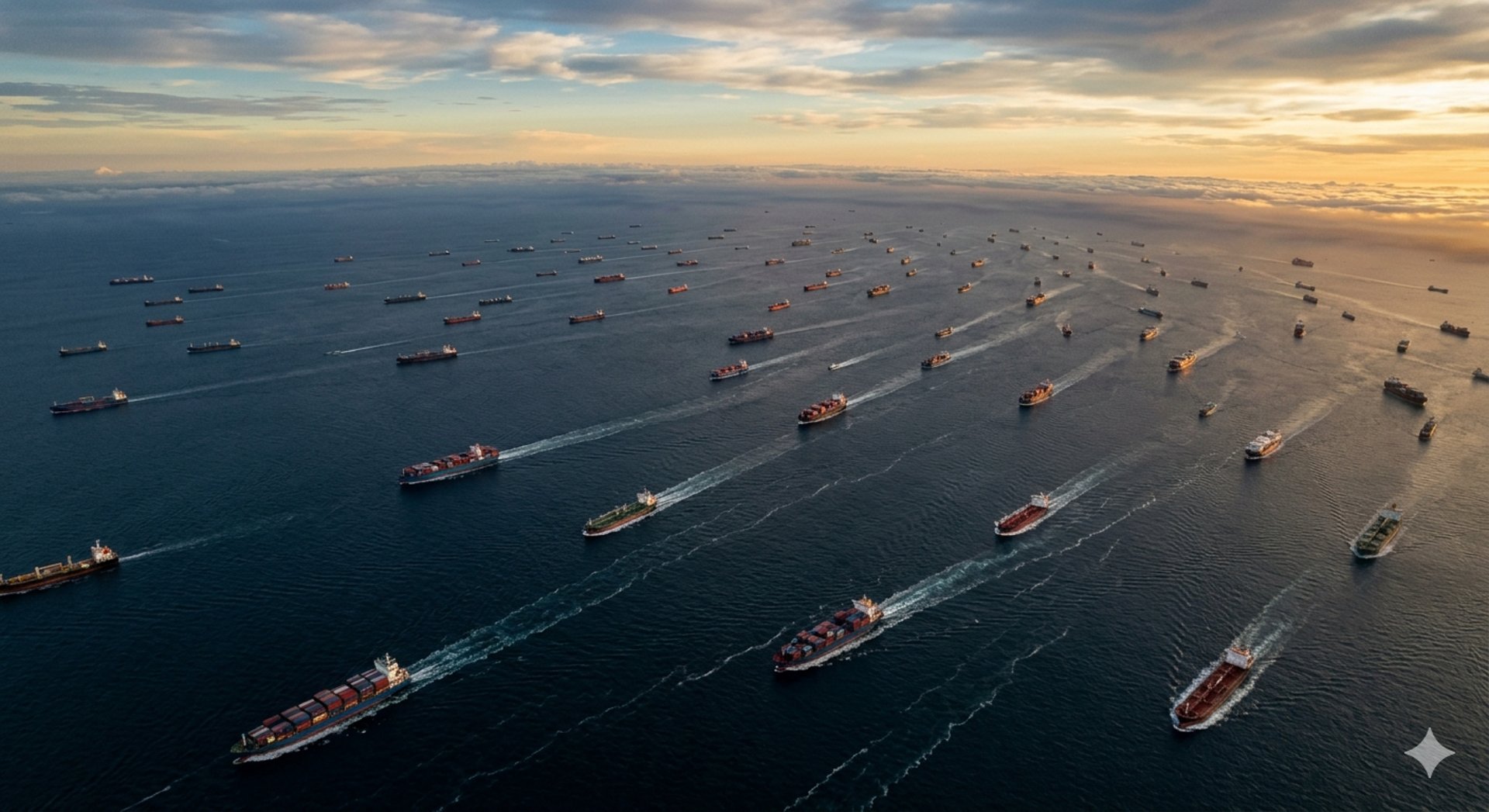 An aerial view of a cargo ship in the ocean