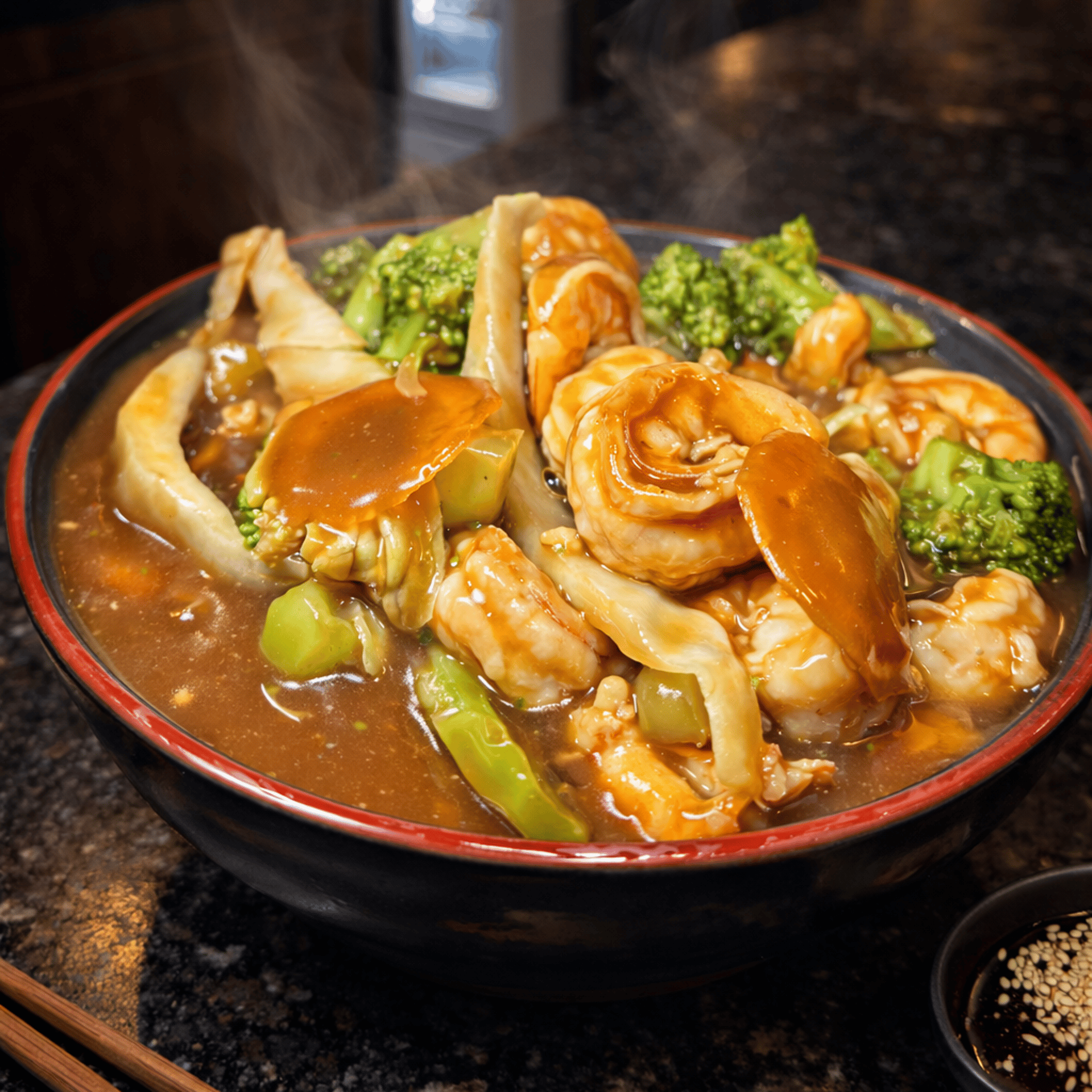 Tigela de camarões e brócolis ao molho especial, servida fumegante no balcão do Okone São Paulo.