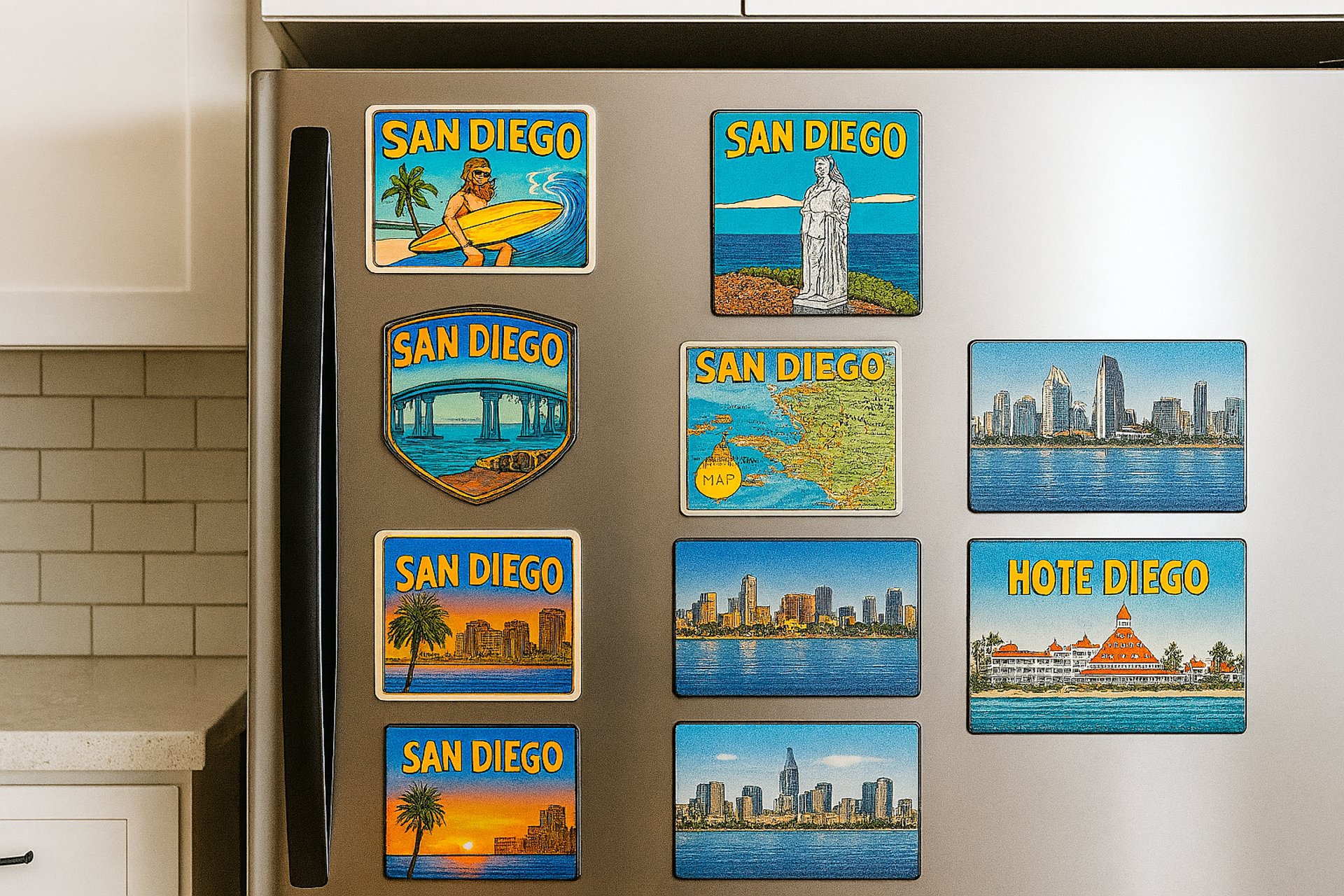 a refrigerator with pictures of fruits and vegetables on it