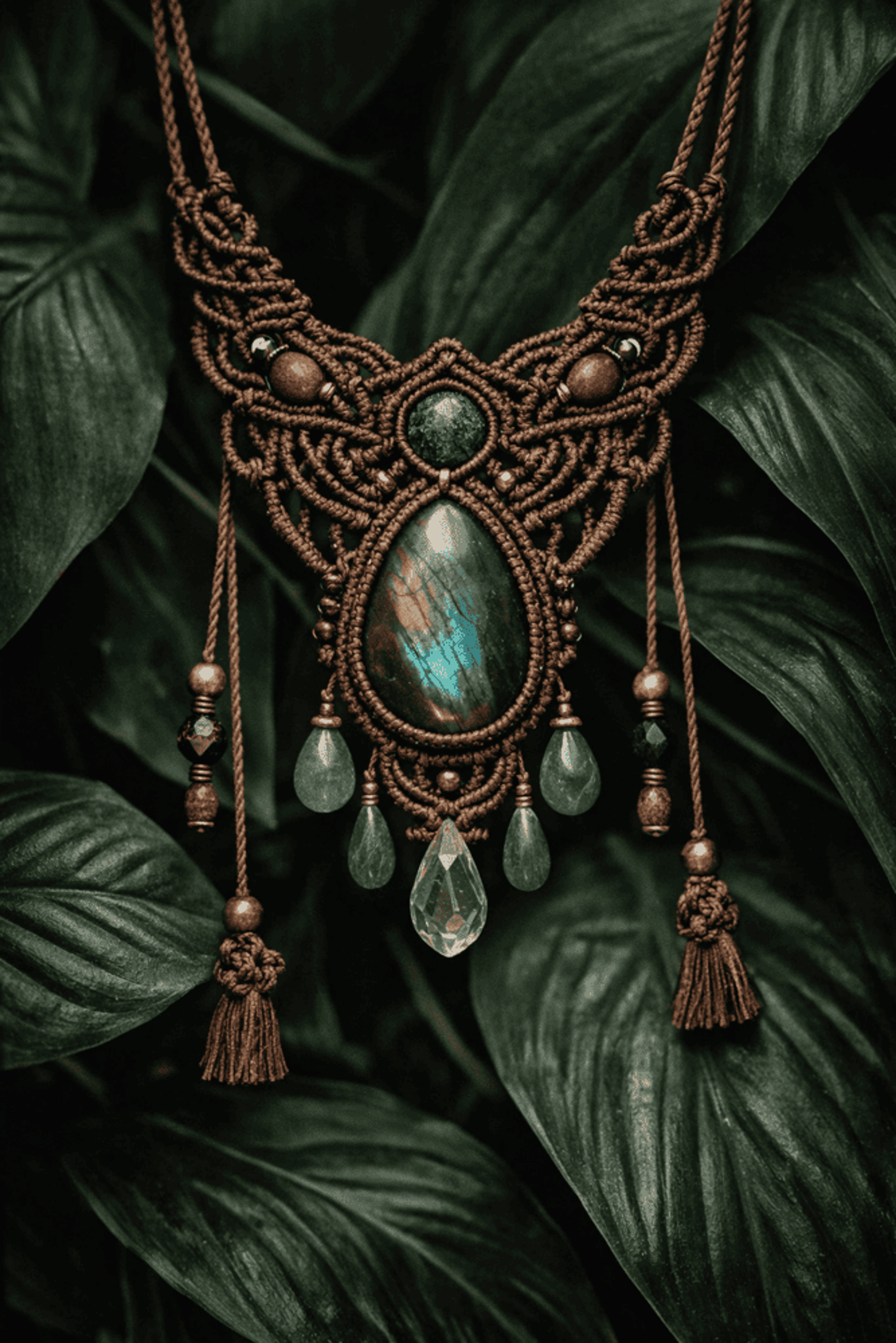 collar tejido a mano con ópalos y piedras naturales sobre hojas.