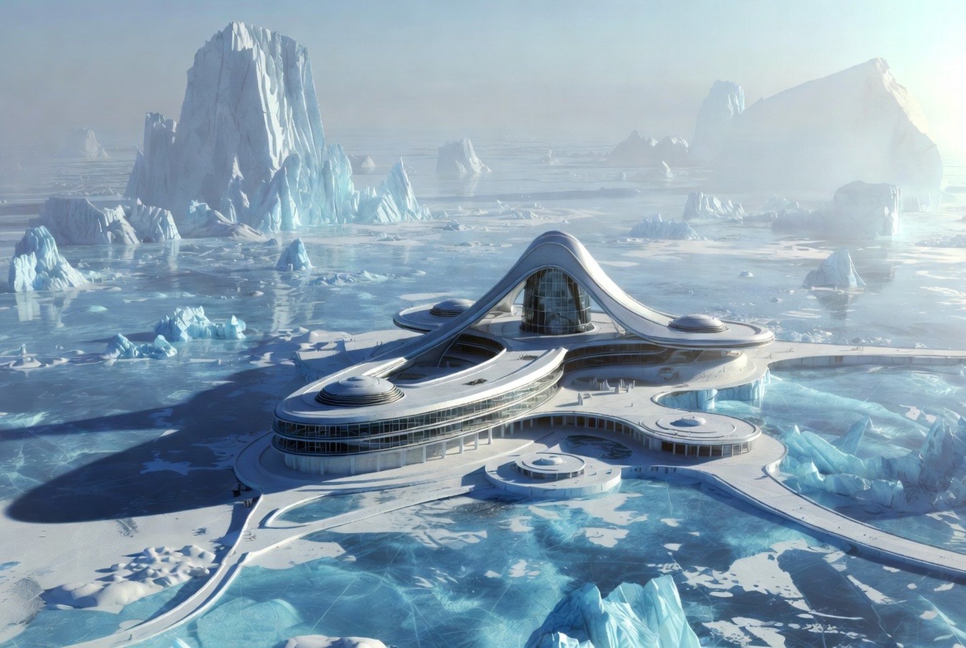 a large metal structure with a body of water in front of it