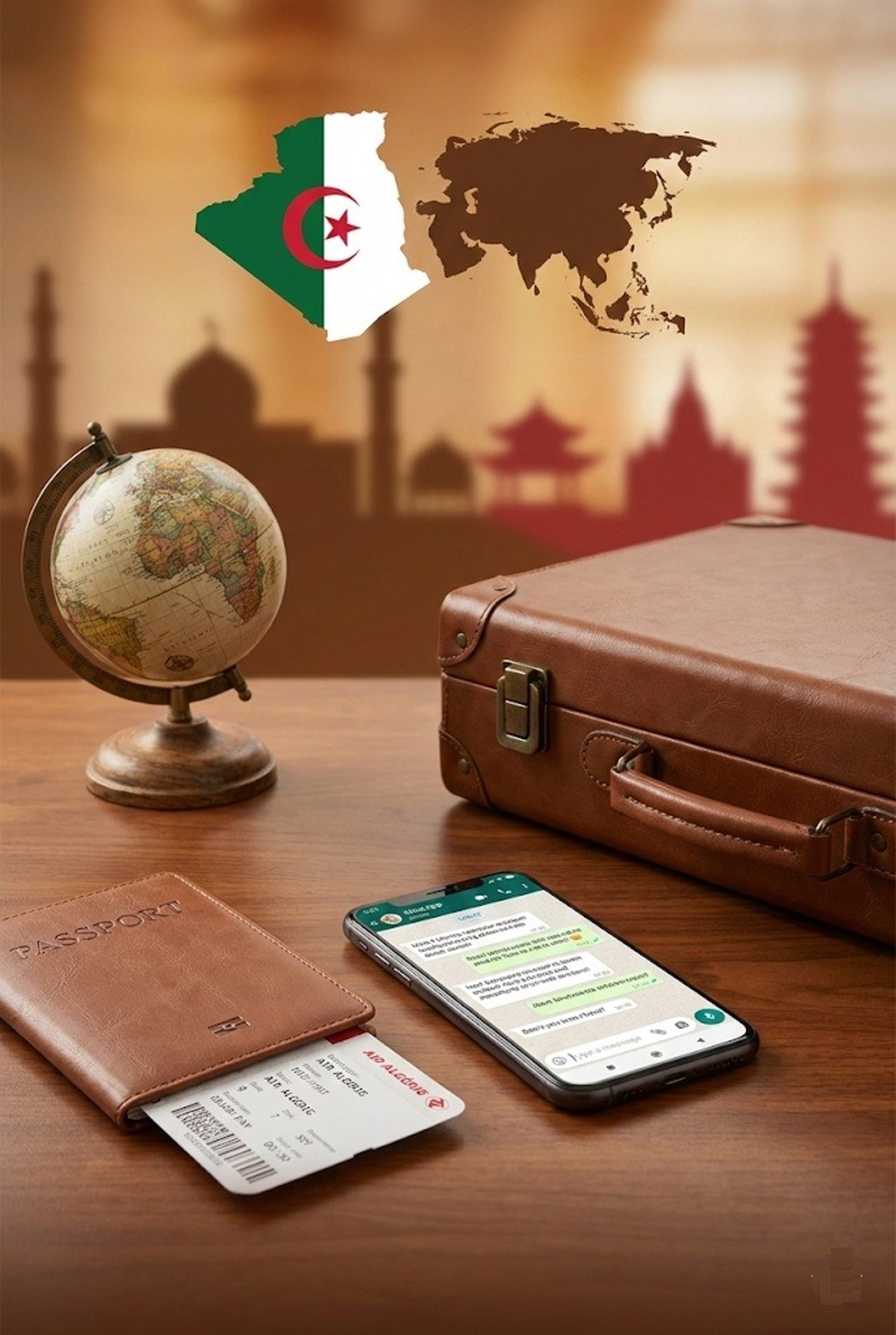 Premium travel desk with passport and globe for Algeria to Asia trips by HBI Travel and Tour.