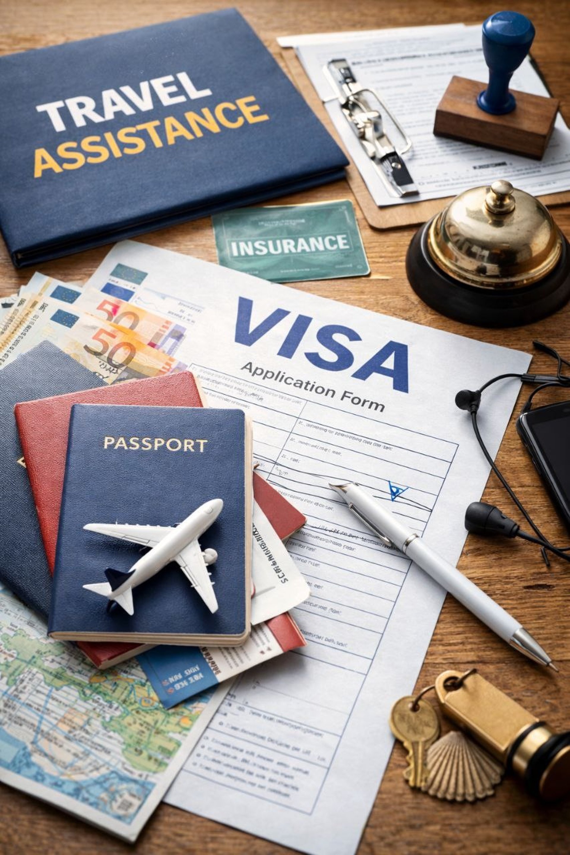 Illustration of passport, visa stamp, airplane, and documents highlighting HBI Travel and Tours visa services support