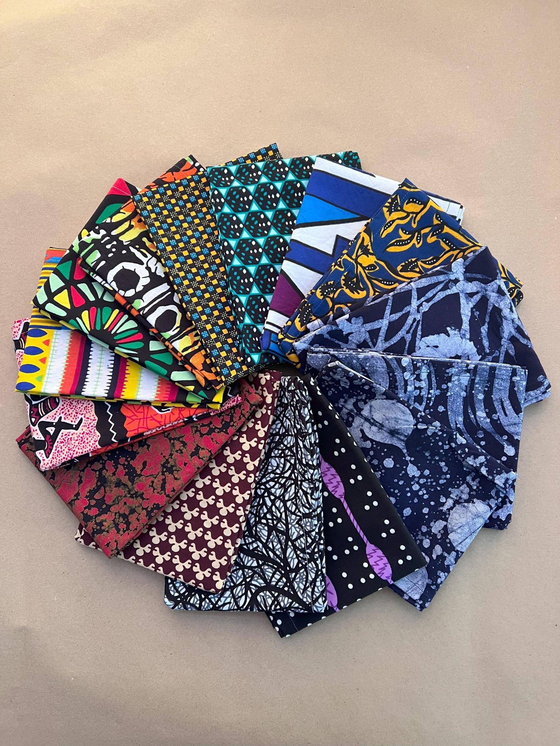 A rosette of Noseknot handkerchiefs showing a range of colours and patterns