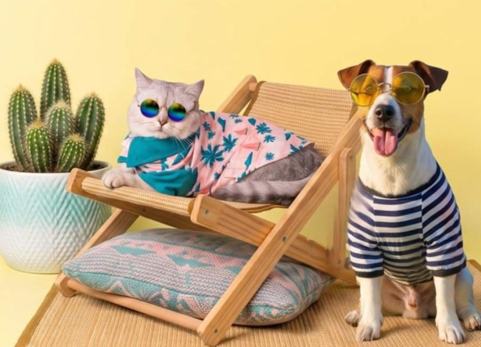 perro y gato en forma relajada pero muy a la moda luciendo lentes y conjuntos hechos a mano y a la medida 