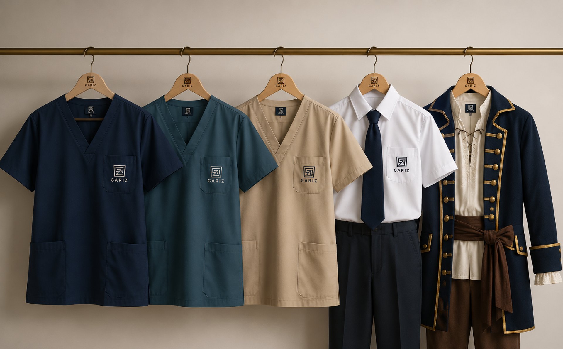 uniformes colgados con fondo beige con el logo de la marca bordado 