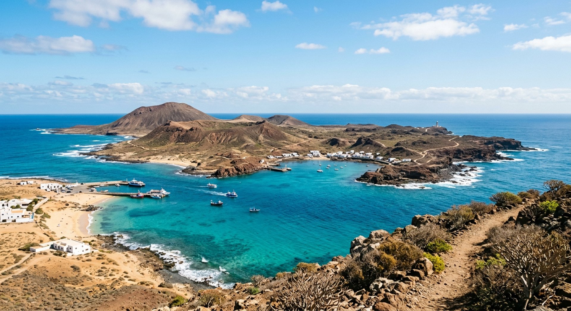 Sandy coastline meets turquoise water under a bright sky.