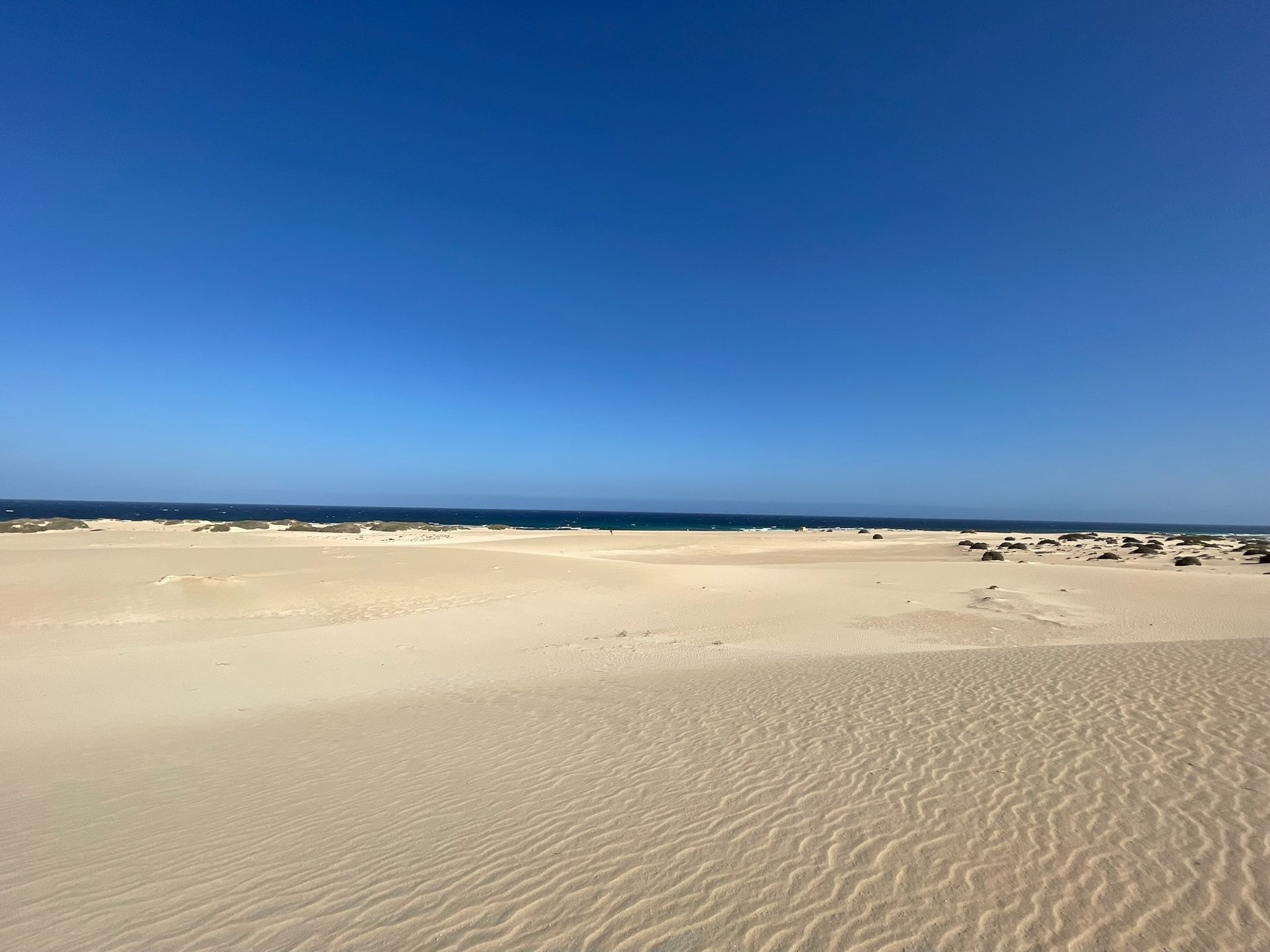Sandy coastline meets turquoise water under a bright sky.