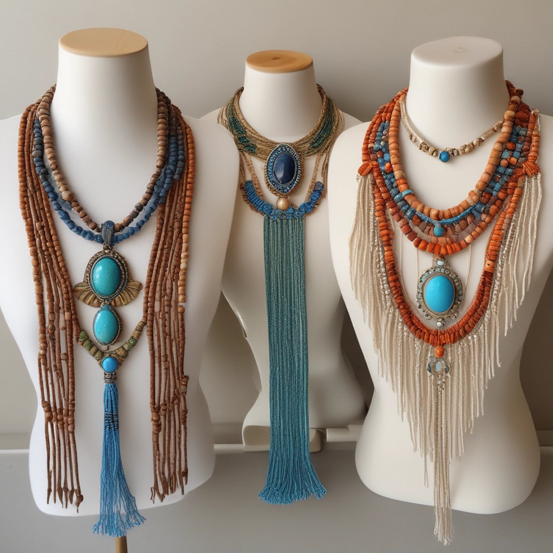 tres collares de macrame con piedras azul turquesa