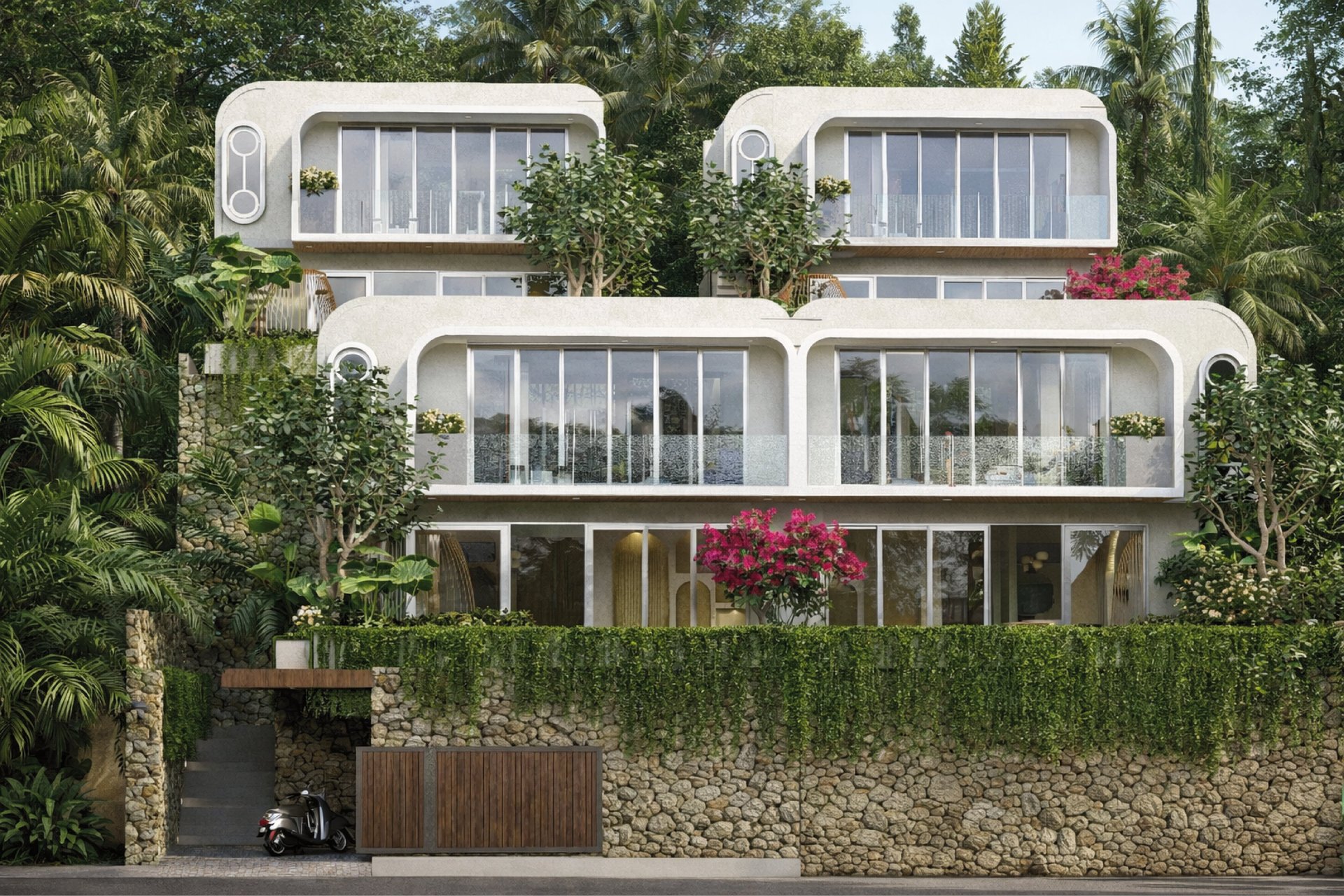 an abstract photo of a curved building with a blue sky in the background