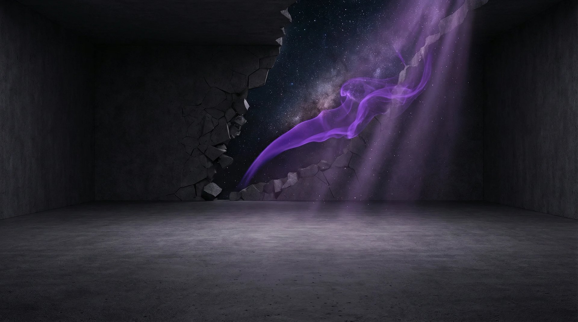 Cinematic minimalist concrete room with a large crack in the back wall revealing a deep starfield. A stream of Nebula Violet 