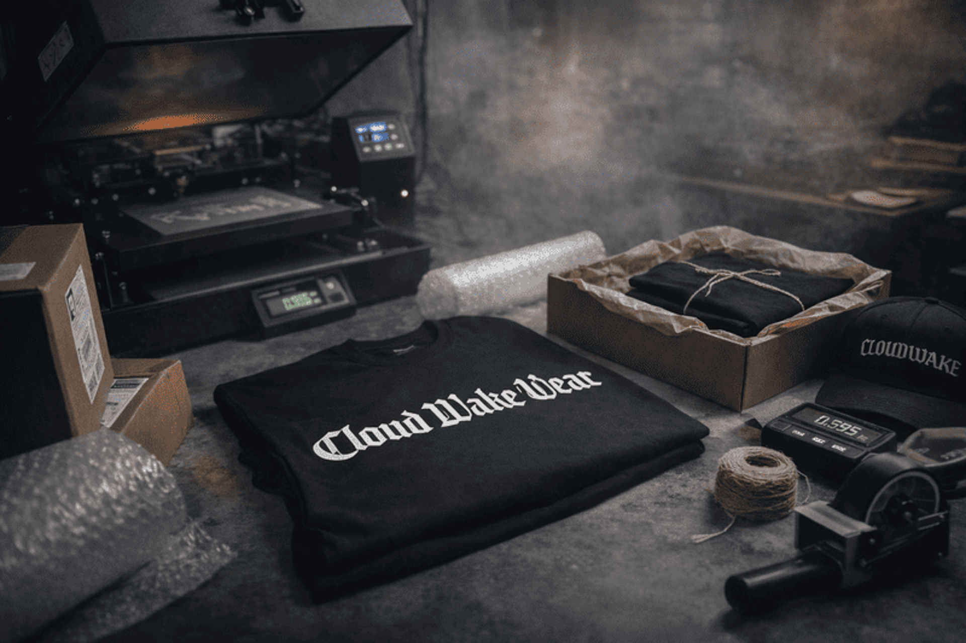 Playera de la marca Cloud Wake Wear con materiales para su estapado y envio