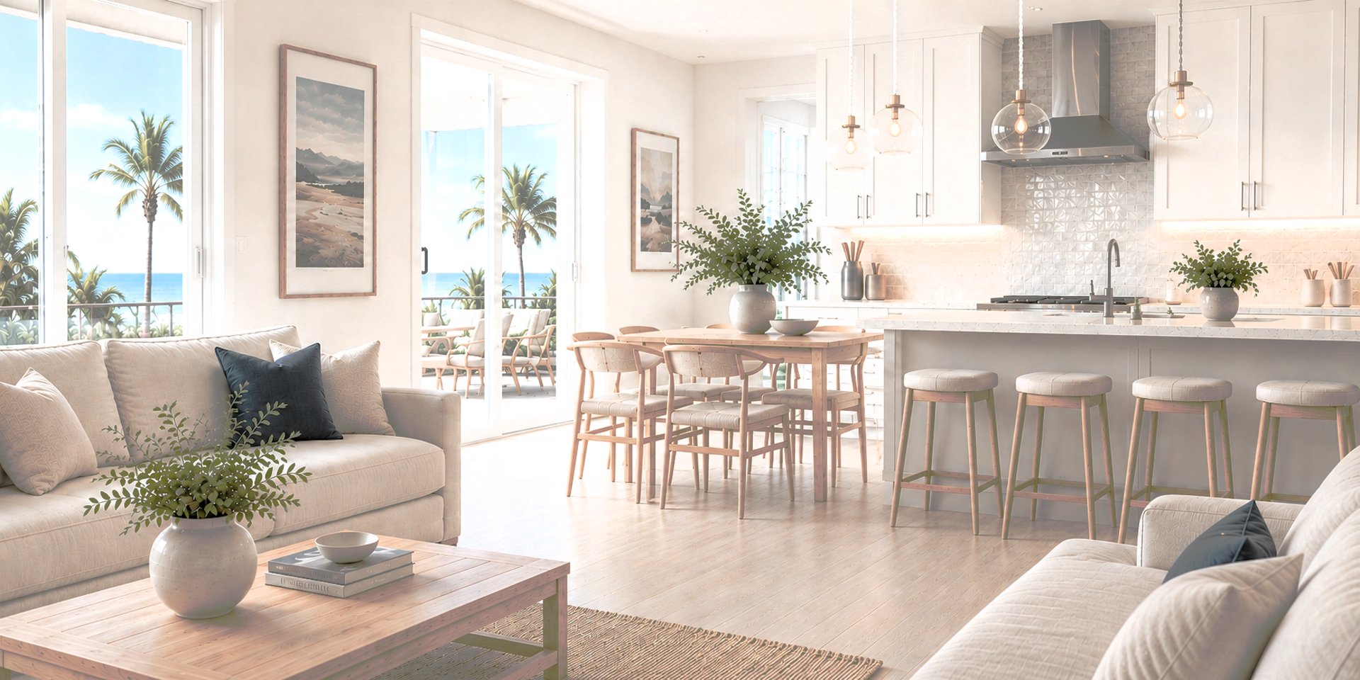 Modern white kitchen with island and stainless steel appliances.