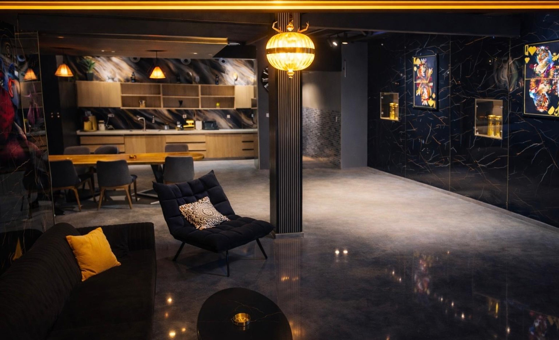 Golden ribbons flowing on a dark background.