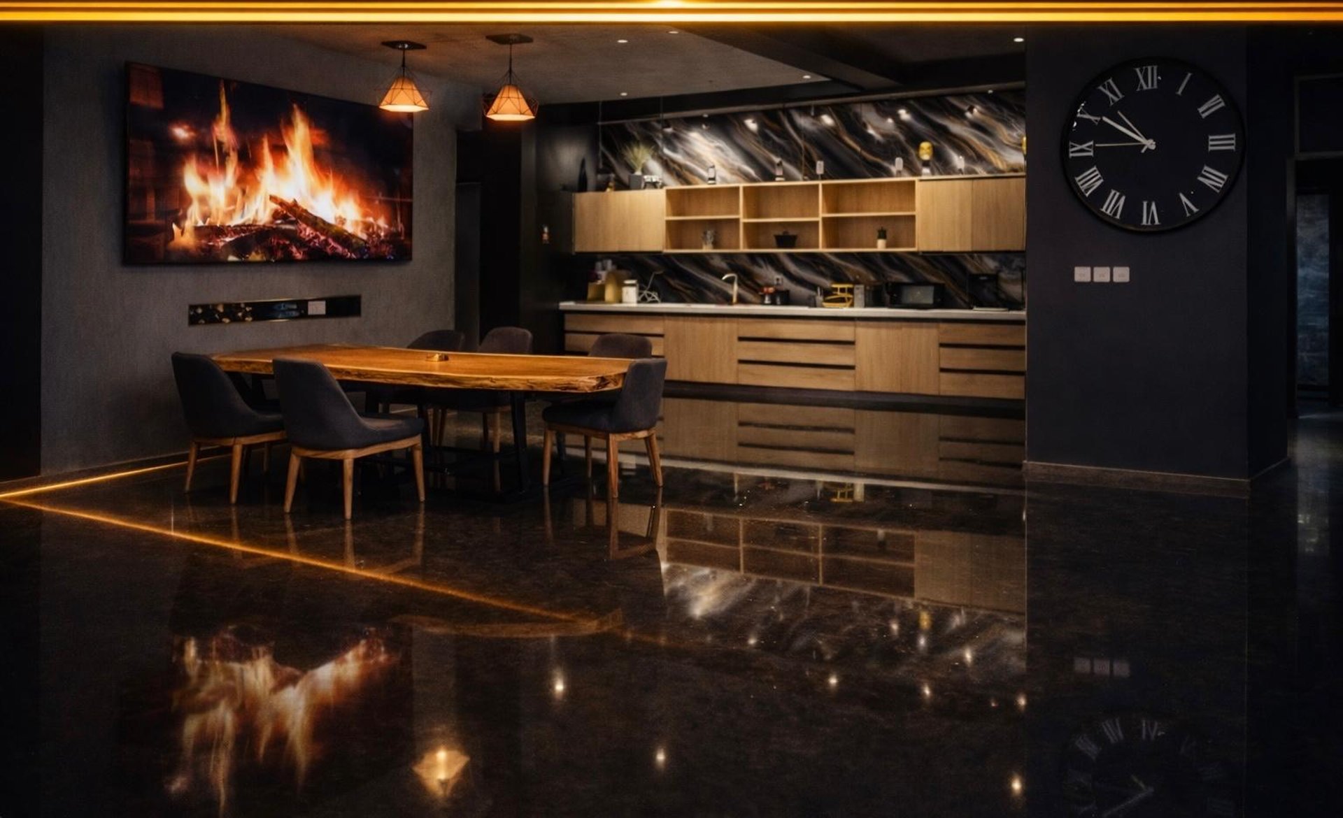 Golden ribbons flowing on a dark background.